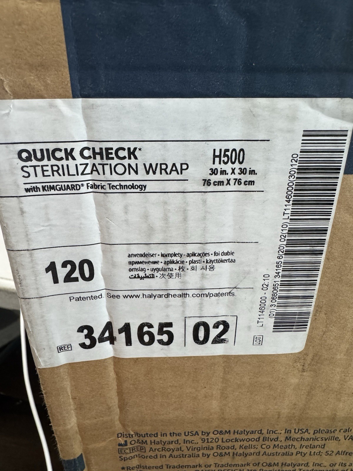 Halyard H500 Sterilization Wrap 30”x30” Case of 120 Quick Check Blue