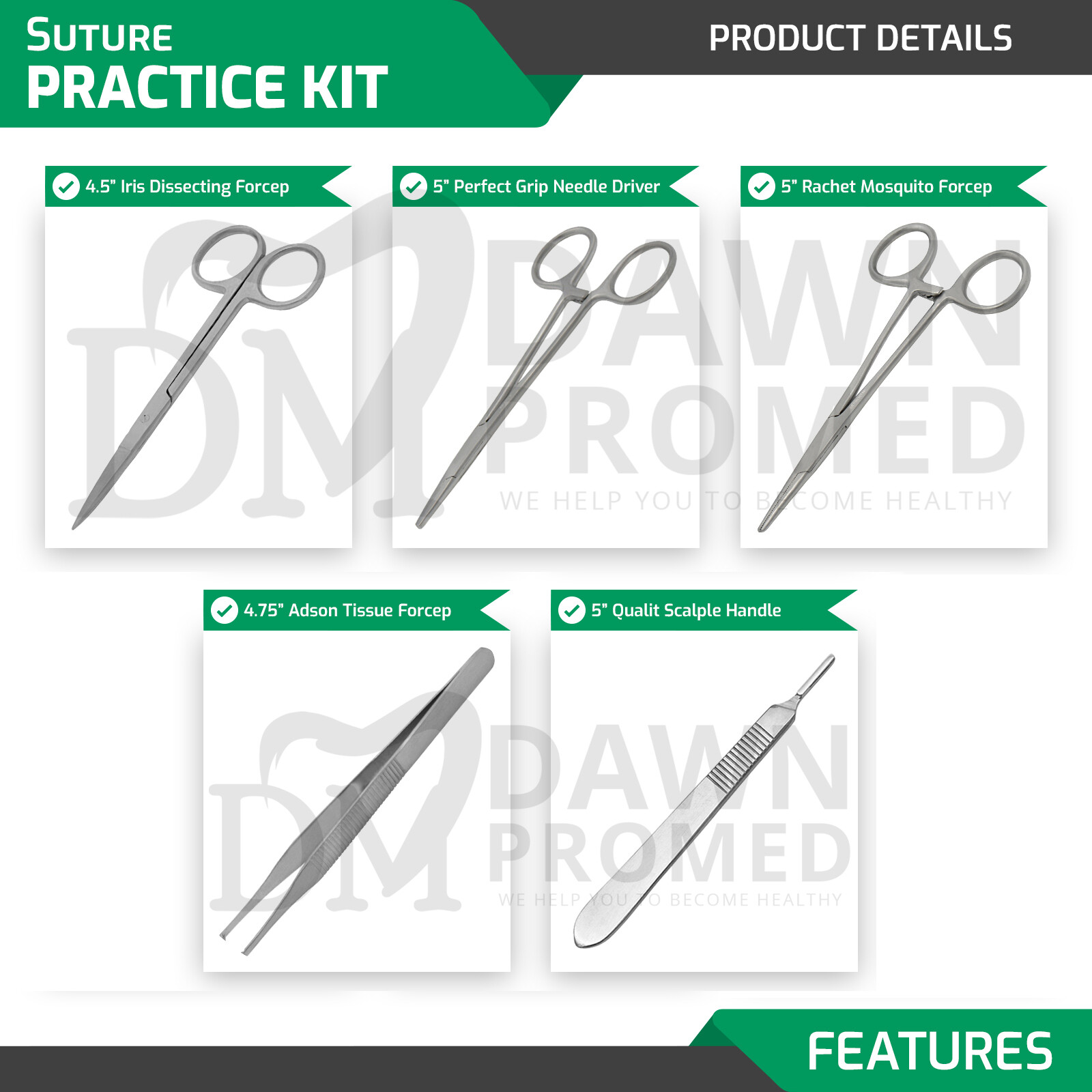 15 Pcs Practice Suture Kit W/Case Student Training Set Veterinary Inst German Gr