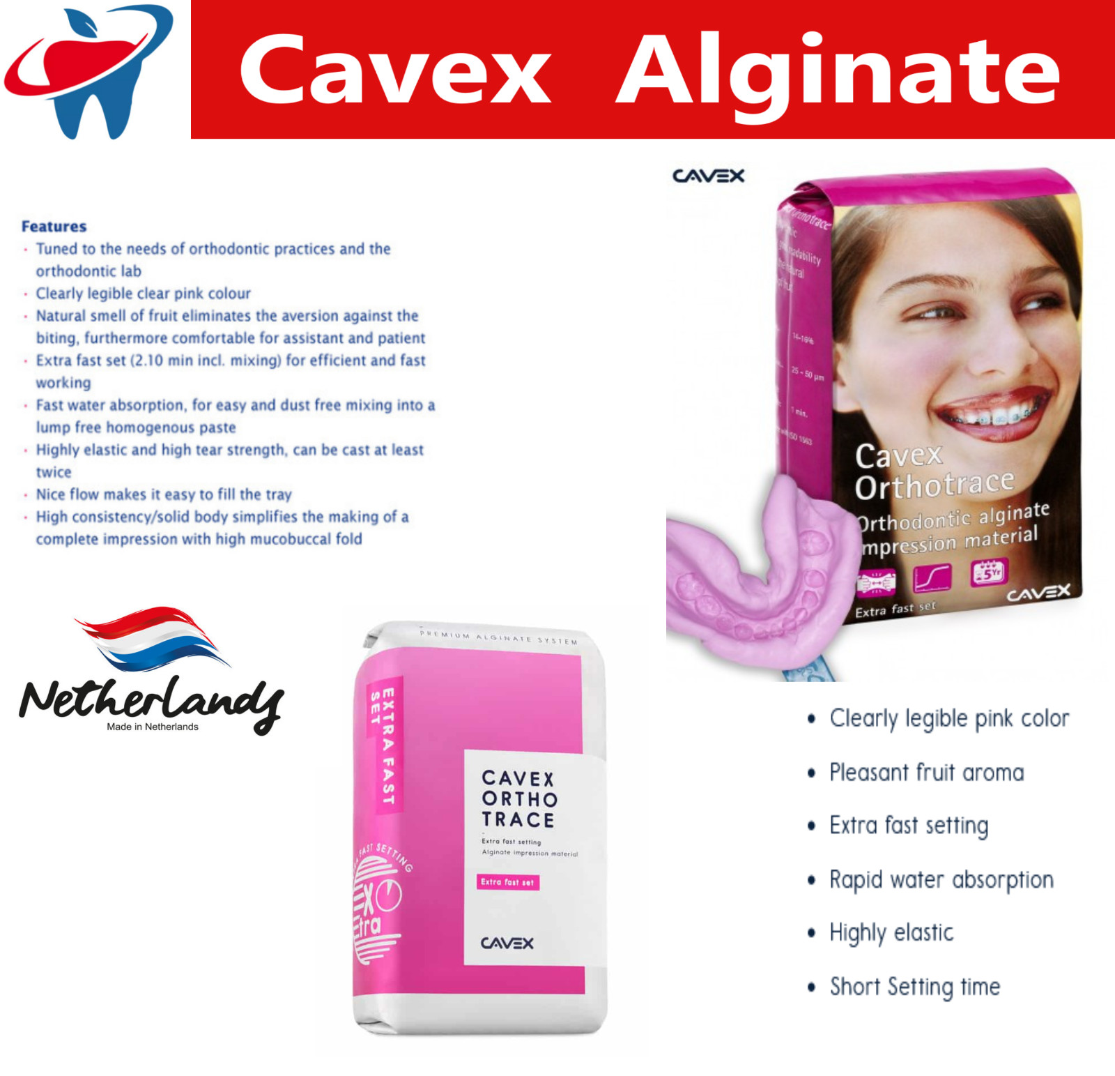 Cavex Orthotrace Dental Alginate Impression Material Fast Set 500g (1 Bag) VPS