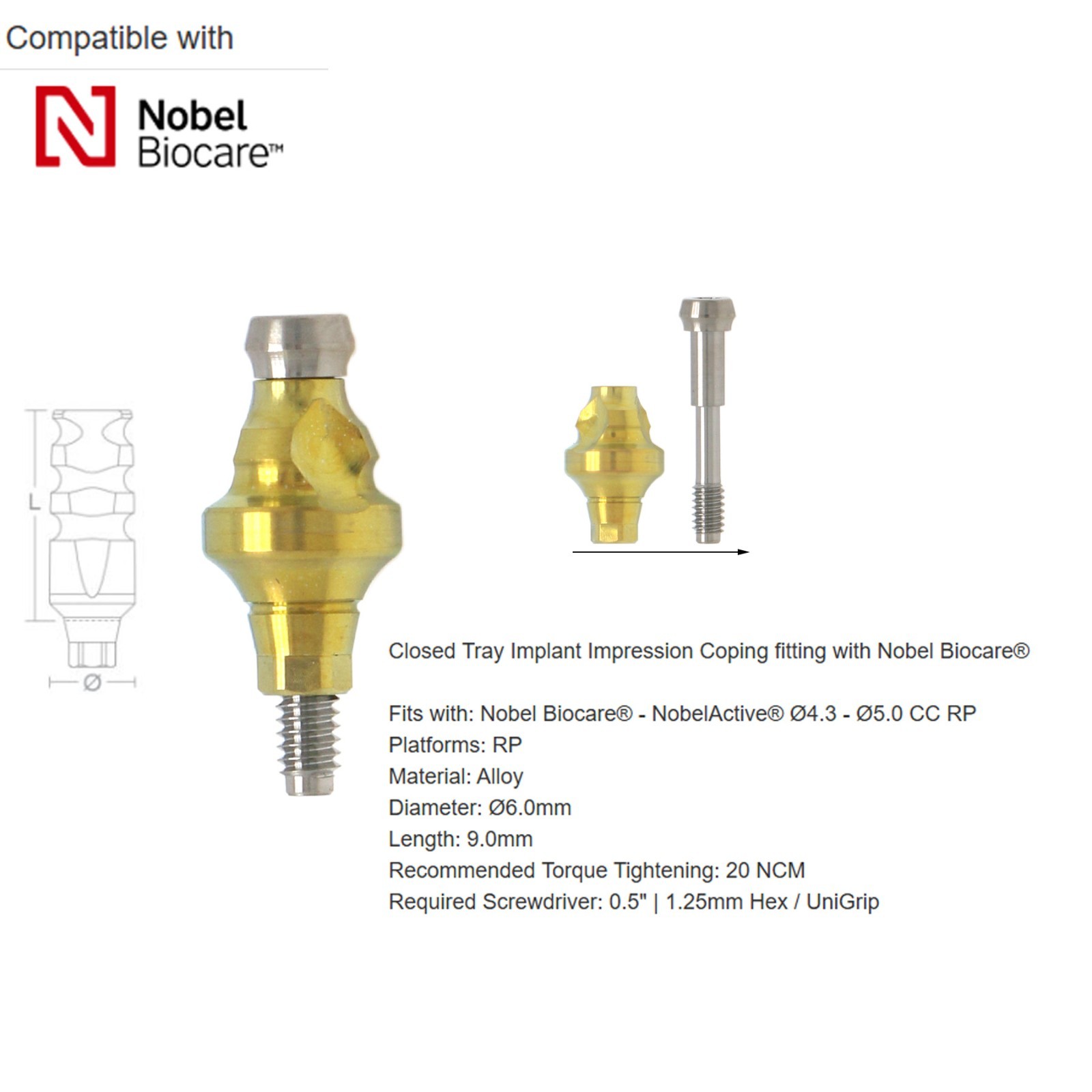 US Nobel Biocare Compatible Impression Coping Closed Tray Conical Connection RP