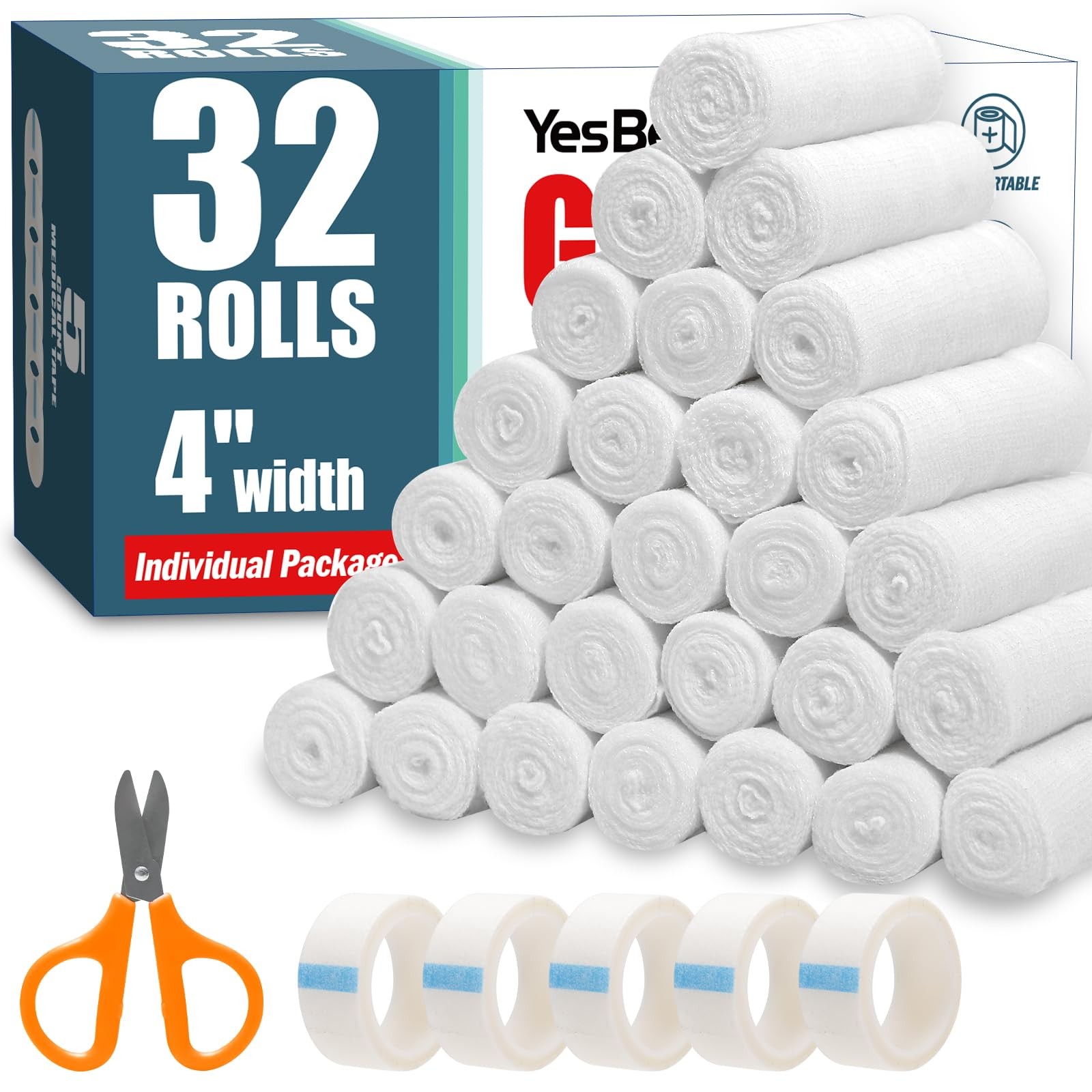 YesBes 32 Pack Gauze Rolls, 4 in x 4.1 Yards, 4 Inch X 32