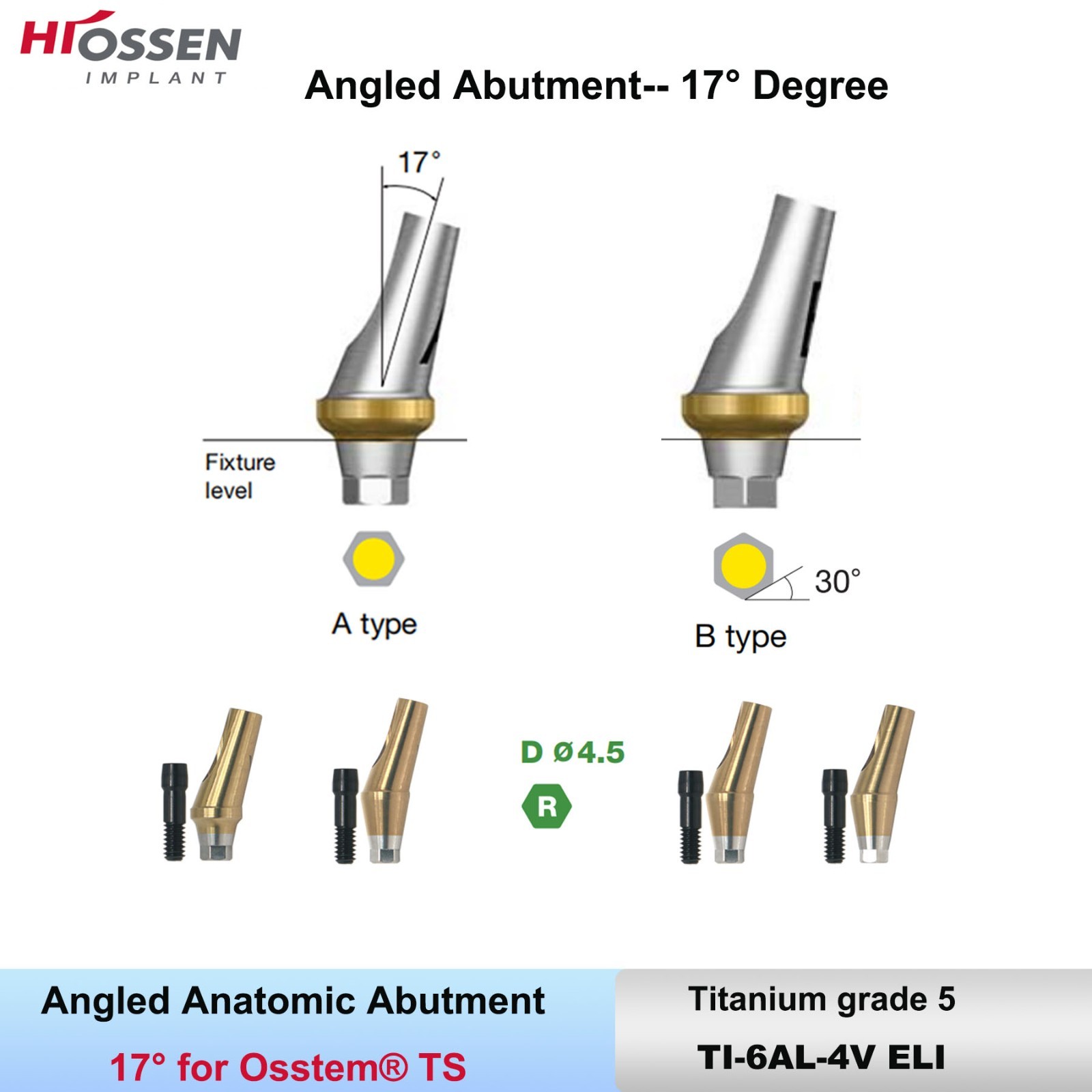 17° Angled Abutment Regular RP Ø4.5mm Fits Hiossen Osstem TS Hex A/B TiN Coated