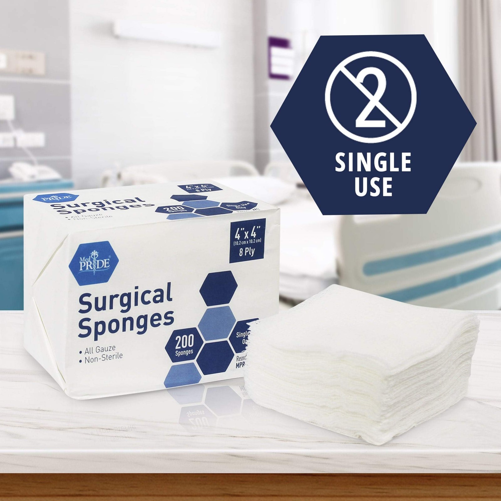MED PRIDE Surgical Sponges 200 Pack 4” x 4”, 8 ply 200 Count (Pack of 1)