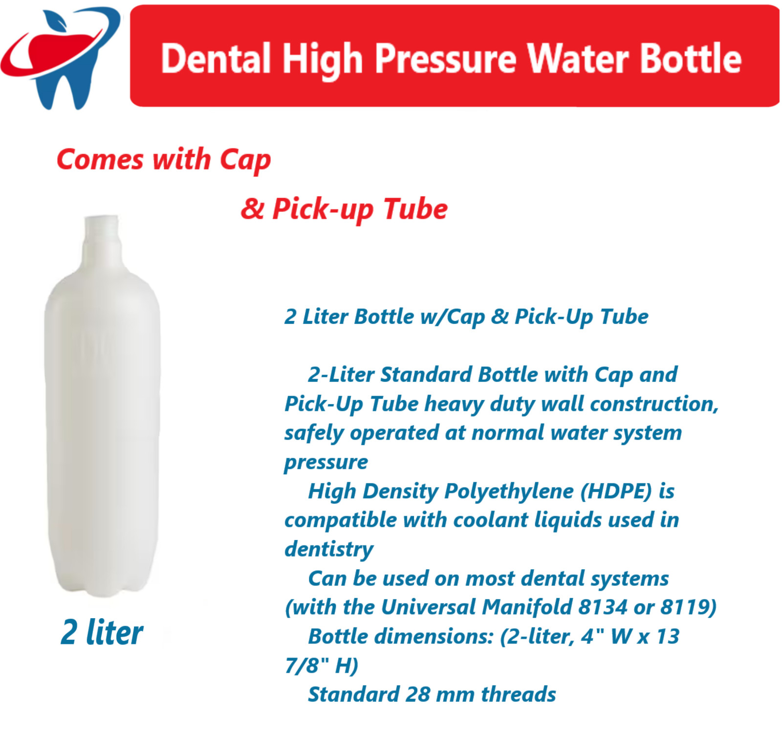 DCI Pressure Water Bottle With Cap & Pick-Up Tube For Dental System Unit 1L, 2L