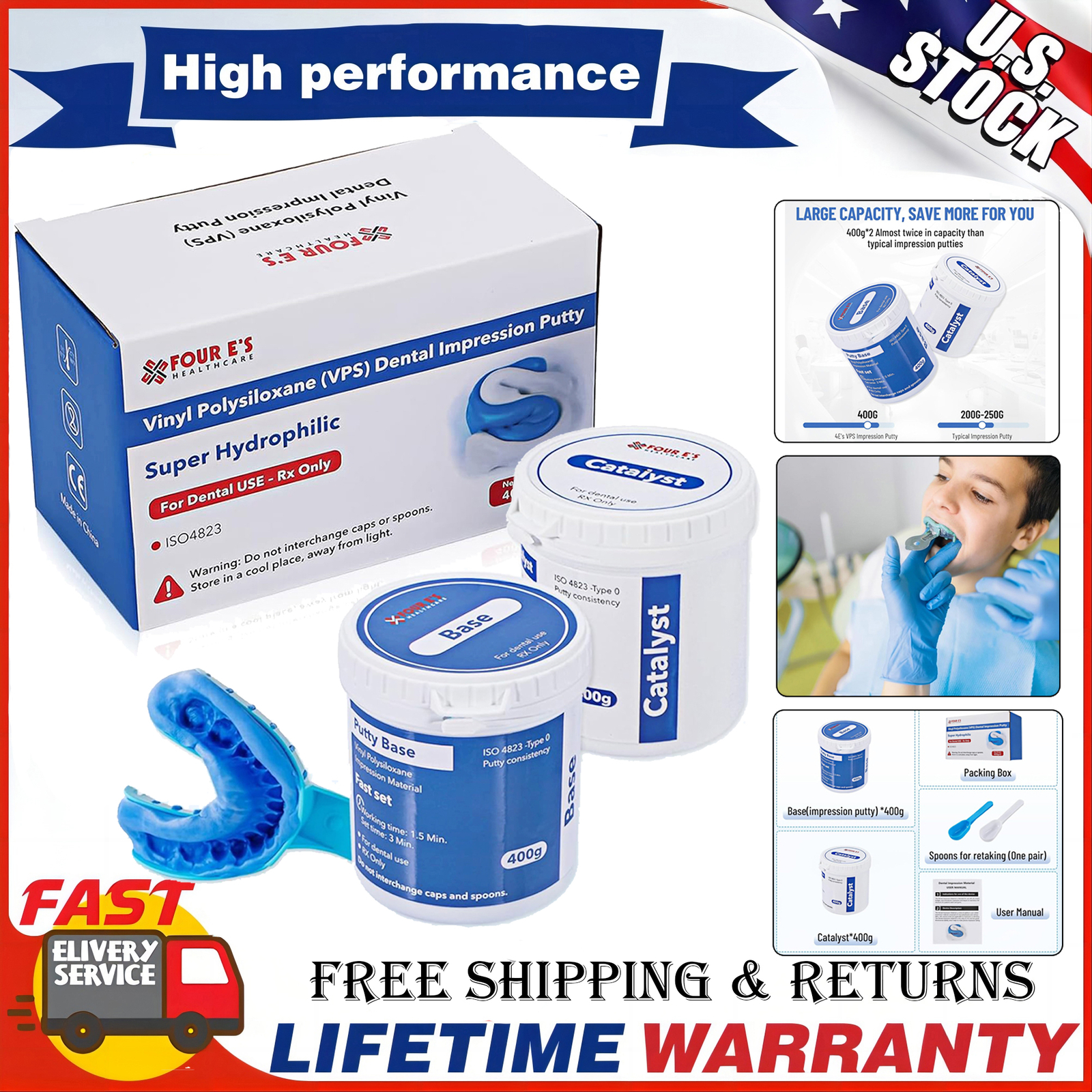 800g VPS Putty (400g Base & 400g Catalyst) Dental Impression Putty Fast Set USA