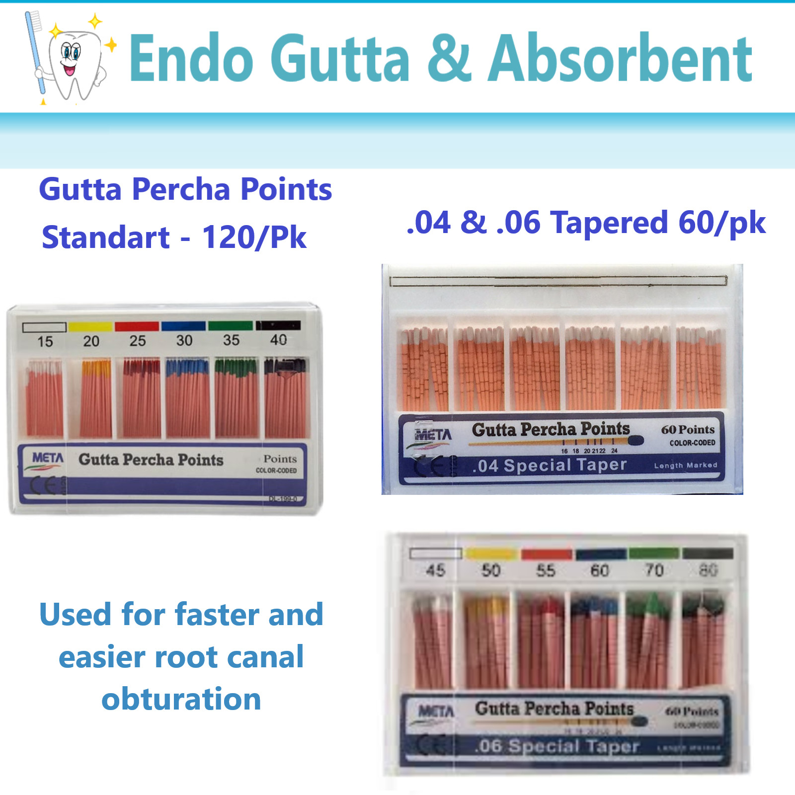 Dental GUTTA PERCHA POINTS /ABSORBENT Paper Points, Standart #10 #25 Meta 200/pk