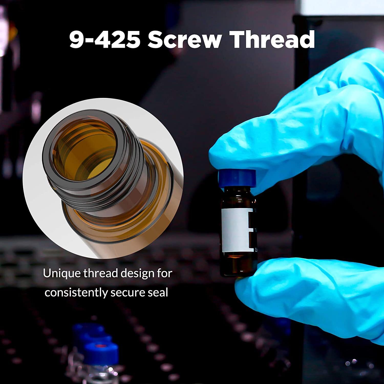 600-2ml HPLC Vials, 9-425 Lab Clear Vials 9mm Blue ABS Screw Caps & Septa for GC