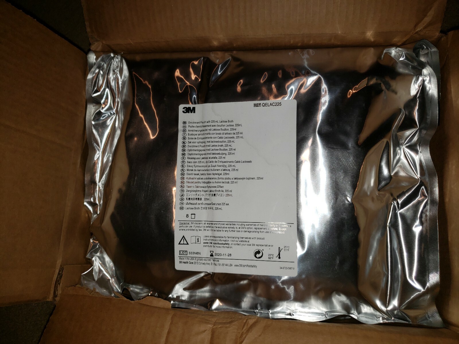 3M ENRICHMENT POUCH WITH 225mL LACTOSE BROTH, QELAC225, 8, EXP 11-28-2020 (4/CS)