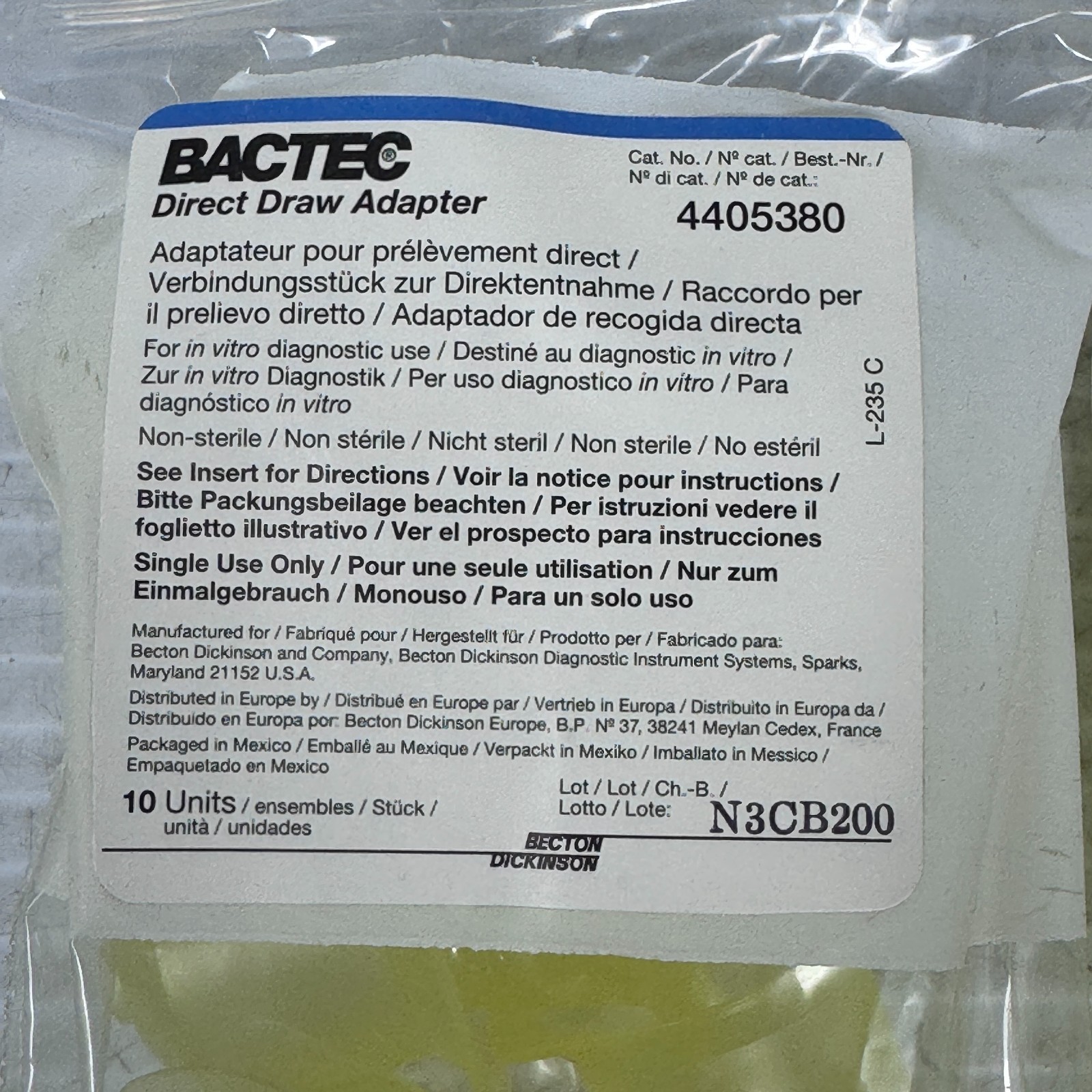 BD BACTEC – 4405380 – Direct Draw Adapter , Non-Sterile , Lot of 50 (5×10)
