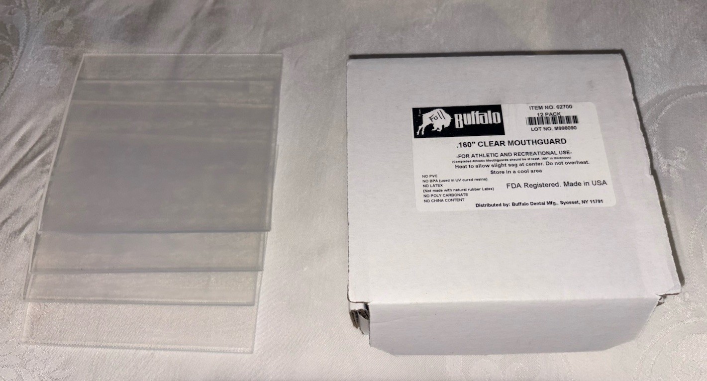Buffalo Dental .160″ Clear EVA Mouthguard Material, 5″ x 5″, 12 sheets NOB