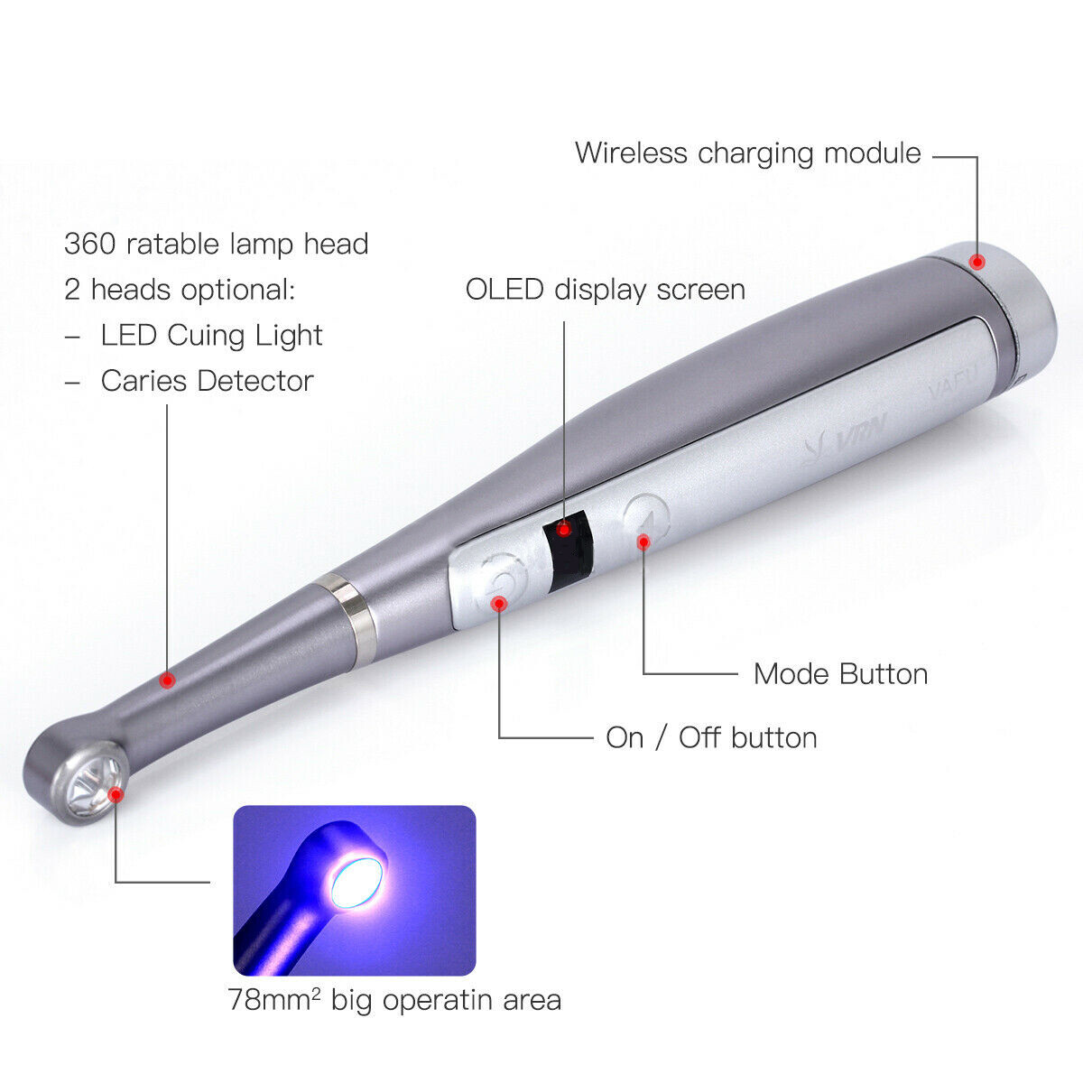 Dental LED Curing Light 1 Second Metal Body with Caries Detector Built Meter US