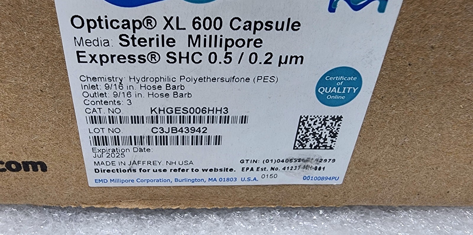 Millipore KHGES006HH3 Opticap XL 600 Capsule Express SHC 0.5/0.2µm