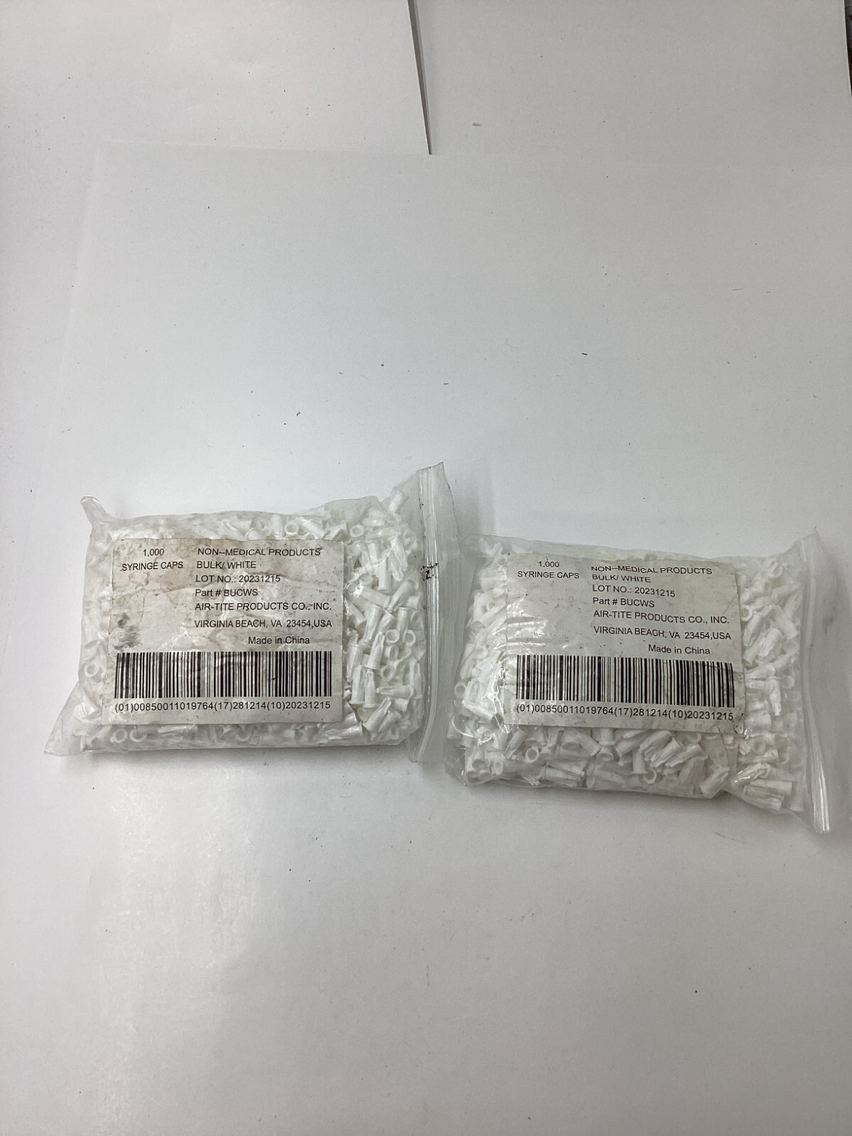 2 Pack of 1000 Air-Tite #BUCWS Plastic Syringe Caps White Stopper