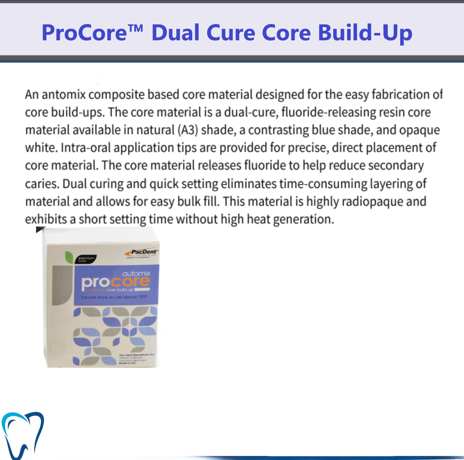 Dental Core Material PacDent Core Buildup ProCore Blue 1 x 50ml & 10 HP Mix Tips
