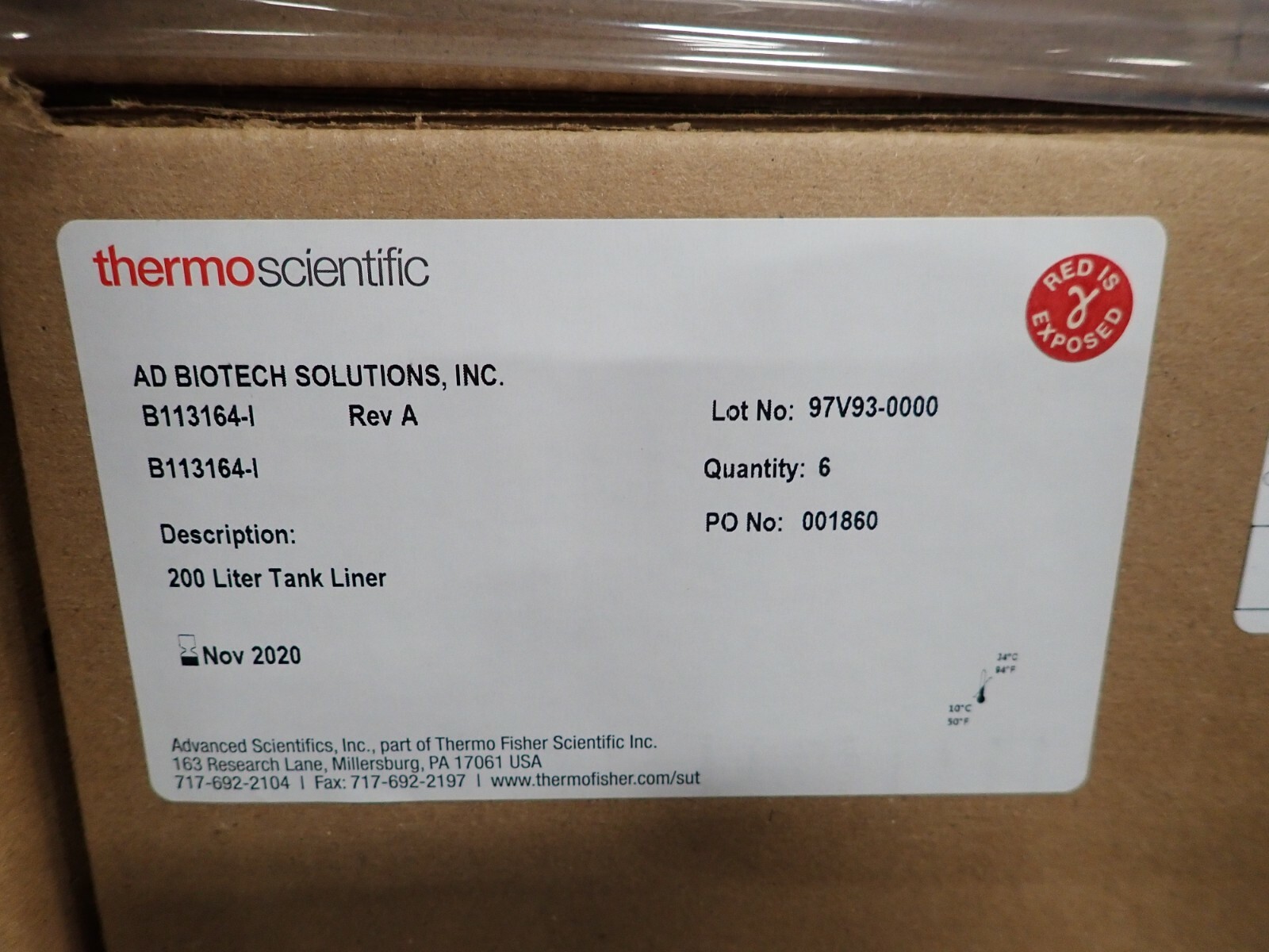 Thermo Fisher 200 Liter Tank Liner with Drain / LOT OF 6 / NOS