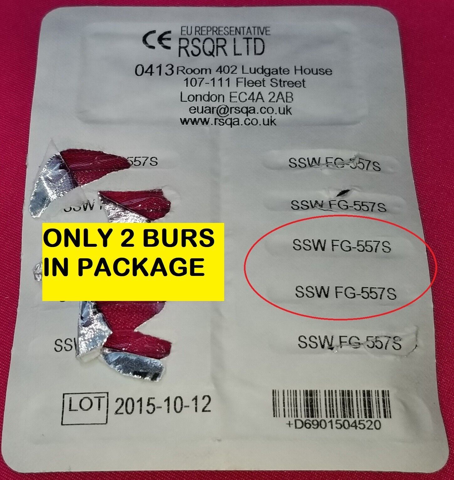 SS White 15045 Friction Grip FG 557 S Tungsten Carbide Dental Burs QTY 2 Open Bx