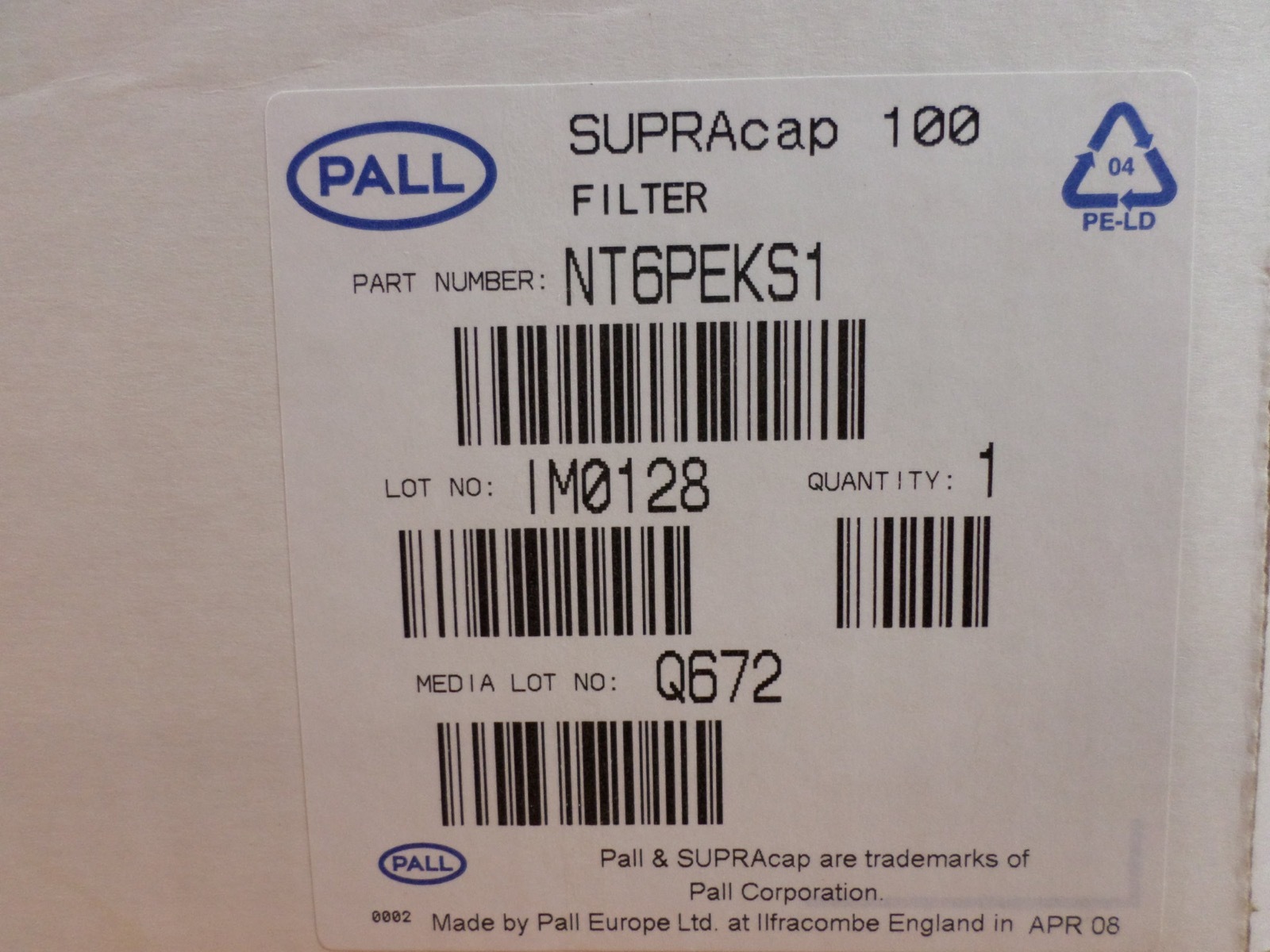 PALL T-Style 10” EKSP Sanitary Flanges SUPRAcap 100 Filter Capsule NT6PEKS1