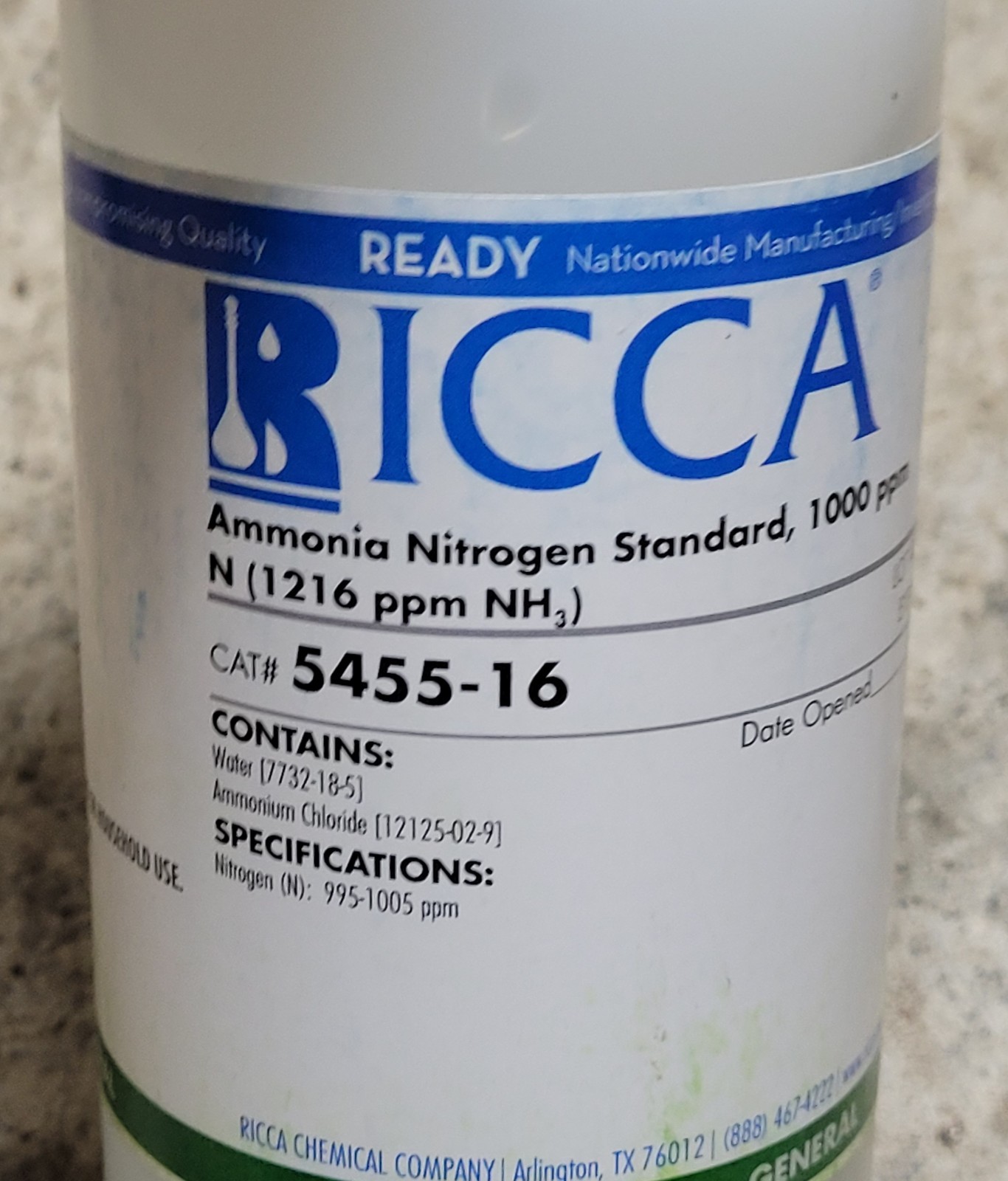 (Qty 6) Ricca – 5455-16 500mL Ammonia Nitrogen Standard Exp 12 2026