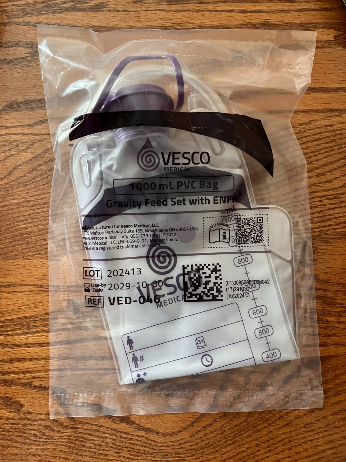 Lot of 3 VESCO VED-046 Enteral Gravity Feed Lot with ENFit Connection 1000ml