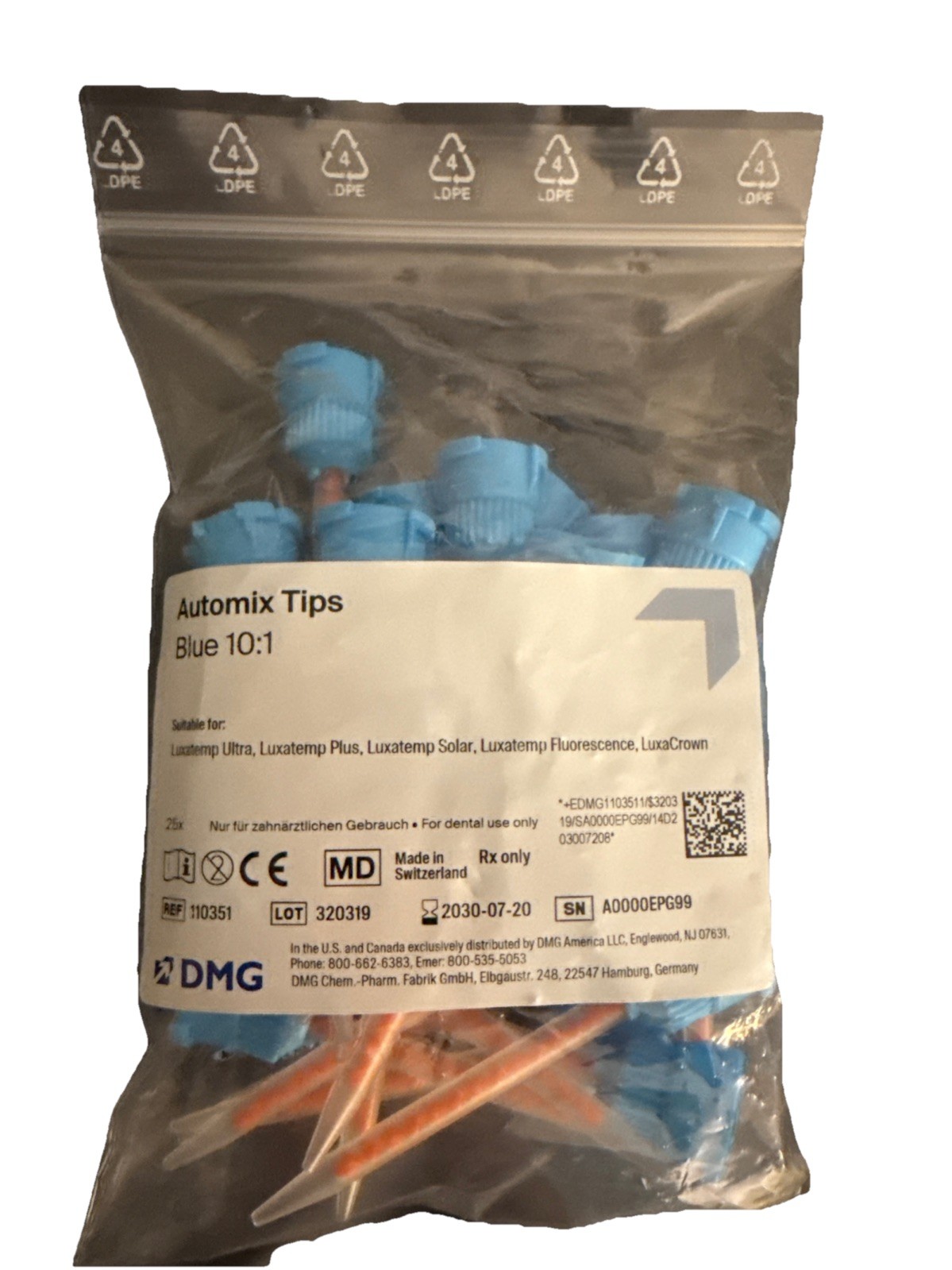Luxatemp Plus Mixing Tips Fine 25/Pkg, DMG 110351