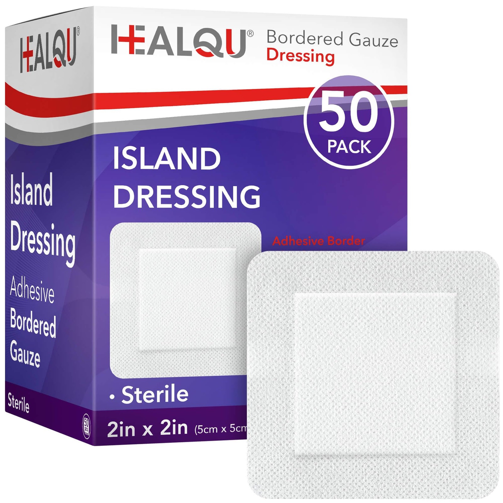 HEALQU Bordered Gauze Island Dressing – 50 2×2″ (1×1″ pad) Box of 50, White