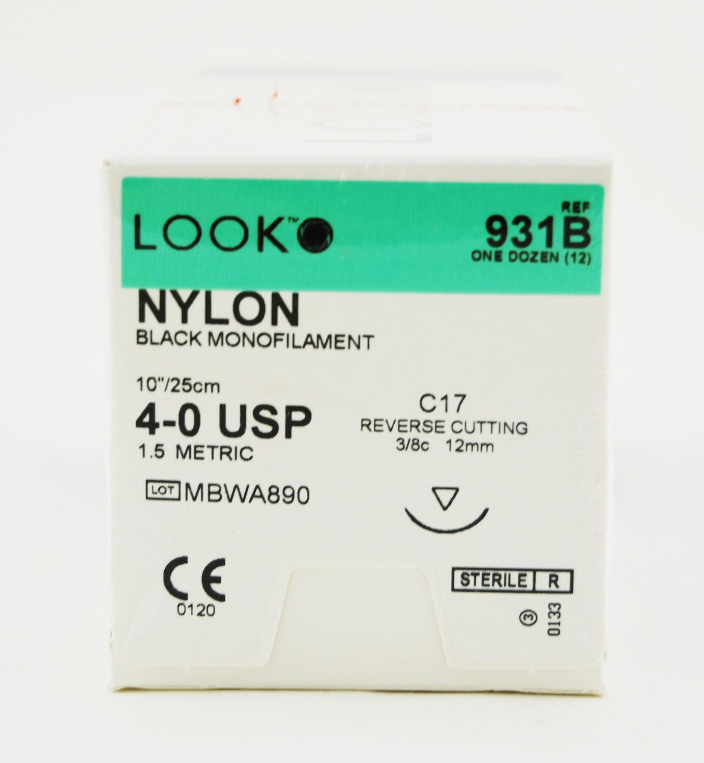 Look 931B Nylon Black Reverse Cutting Sutures C17 3/8 Circle 4-0 10″ 12/Bx