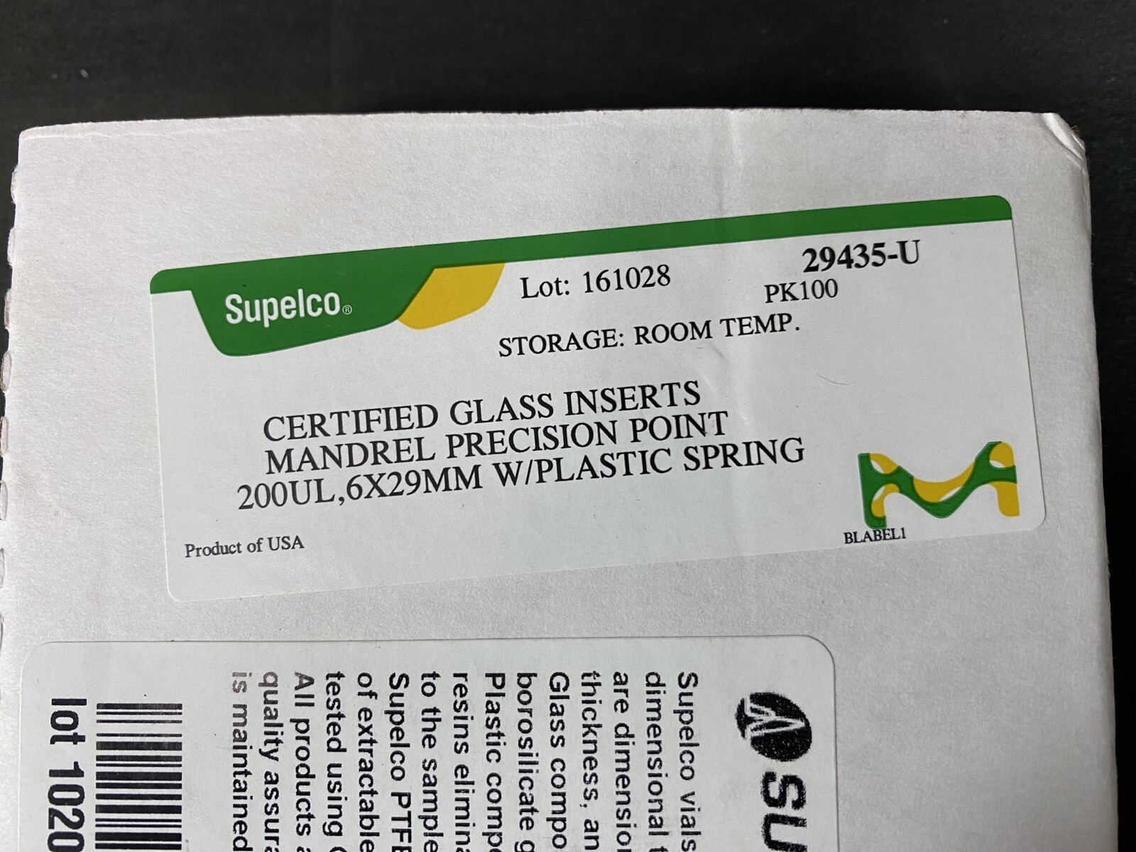 SUPELCO .2mL 12x32mm Certified Glass Inserts w/ Plastic Spring 29435-U (100/pk)