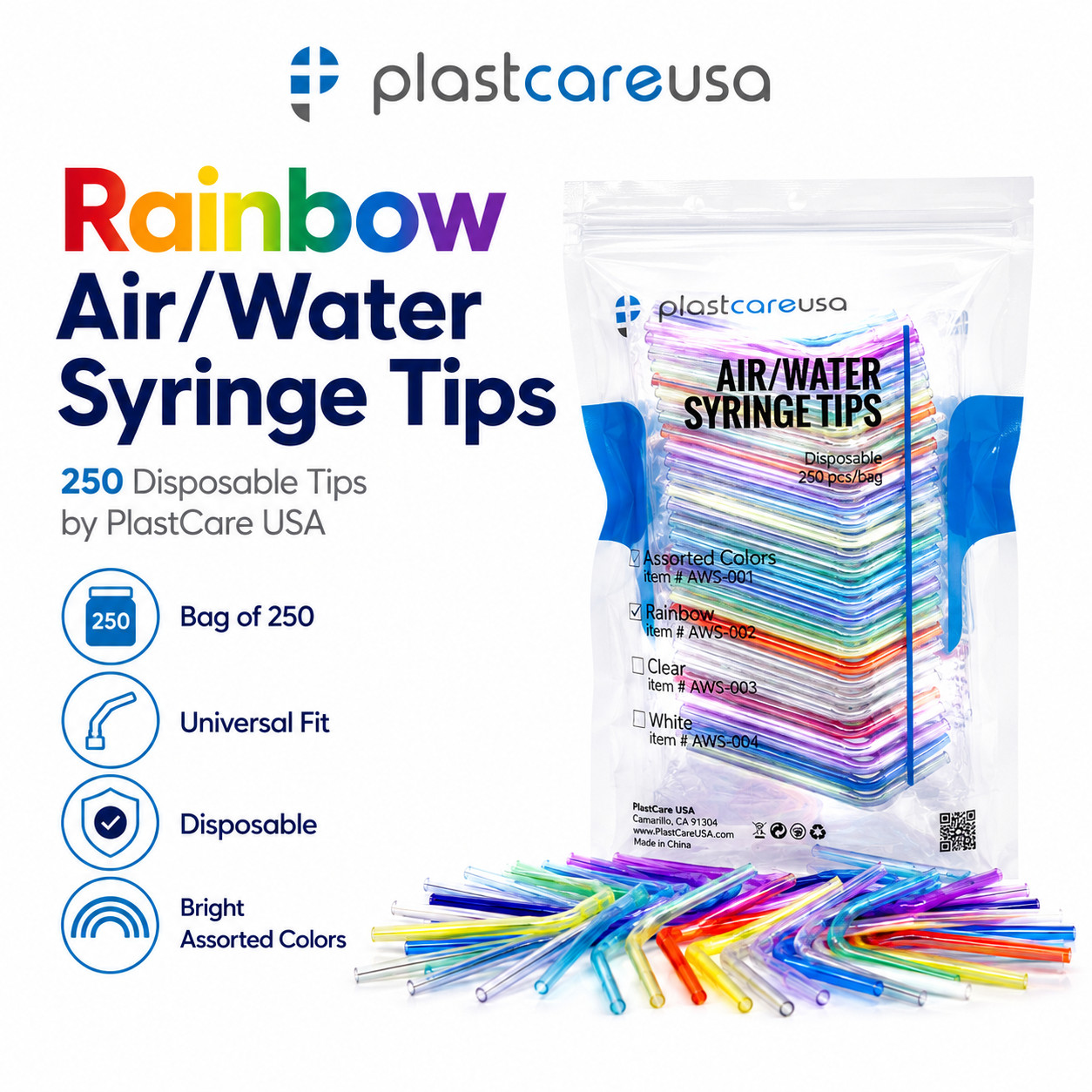 1000 Dental Disposable Air Water Syringe Tips, Rainbow Variety, (4 Bags of 250)