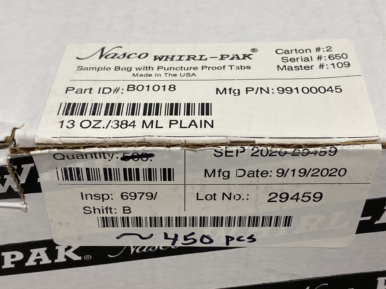 (450) NASCO Whirl-Pak 13oz Sample Bags w/Puncture Proof Tabs 3mil 5×7.5″ B01018