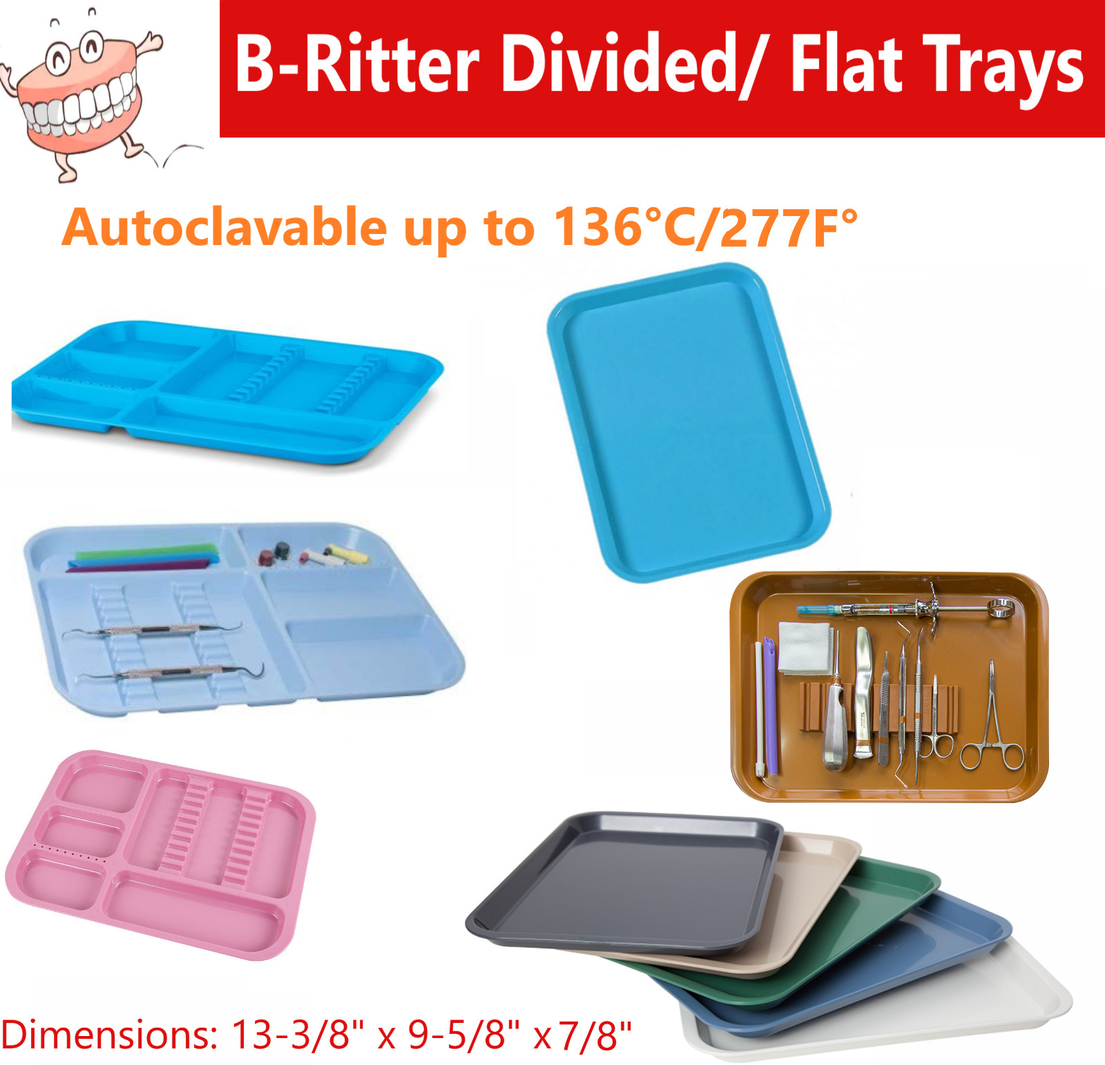 DENTAL FLAT TRAY SIZE B (RITTER) Set Up DIVIDED or F MINI, Autoclavable to 275F