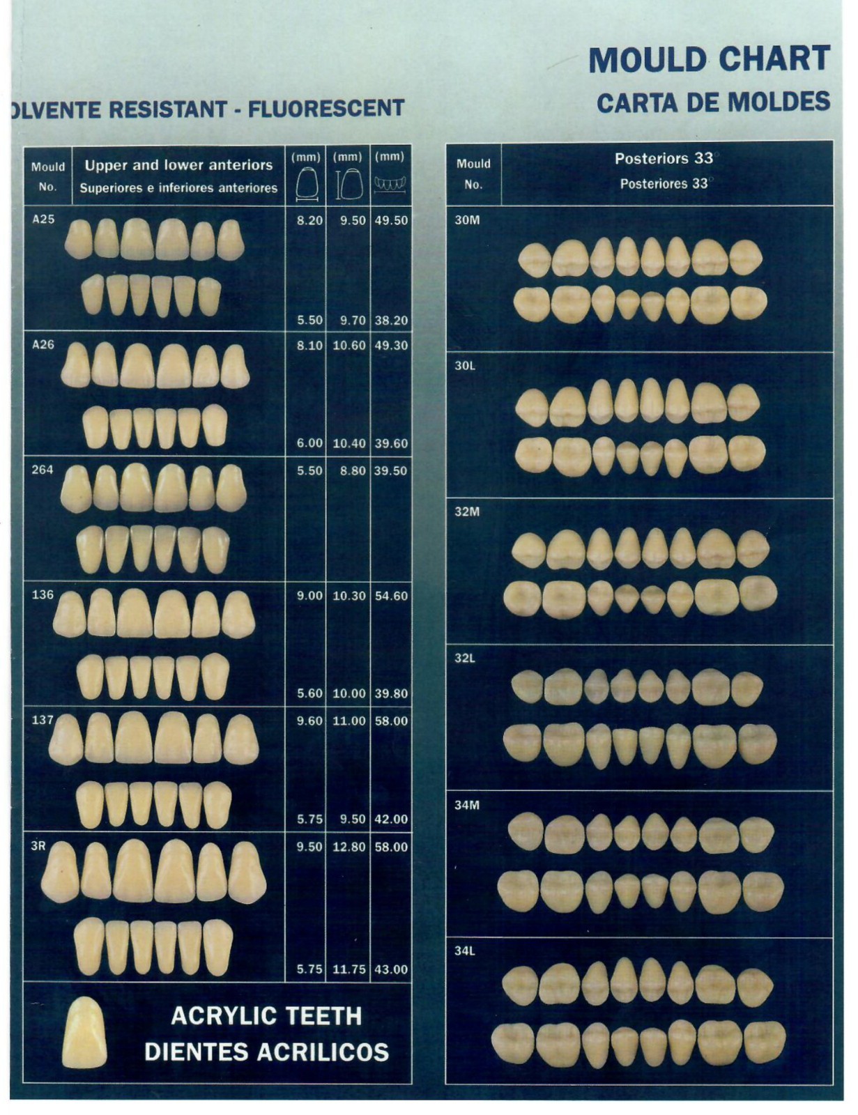 Dental Lab Lower Anterior Acrylic Resin Teeth Various Sizes & Shades 120/Box