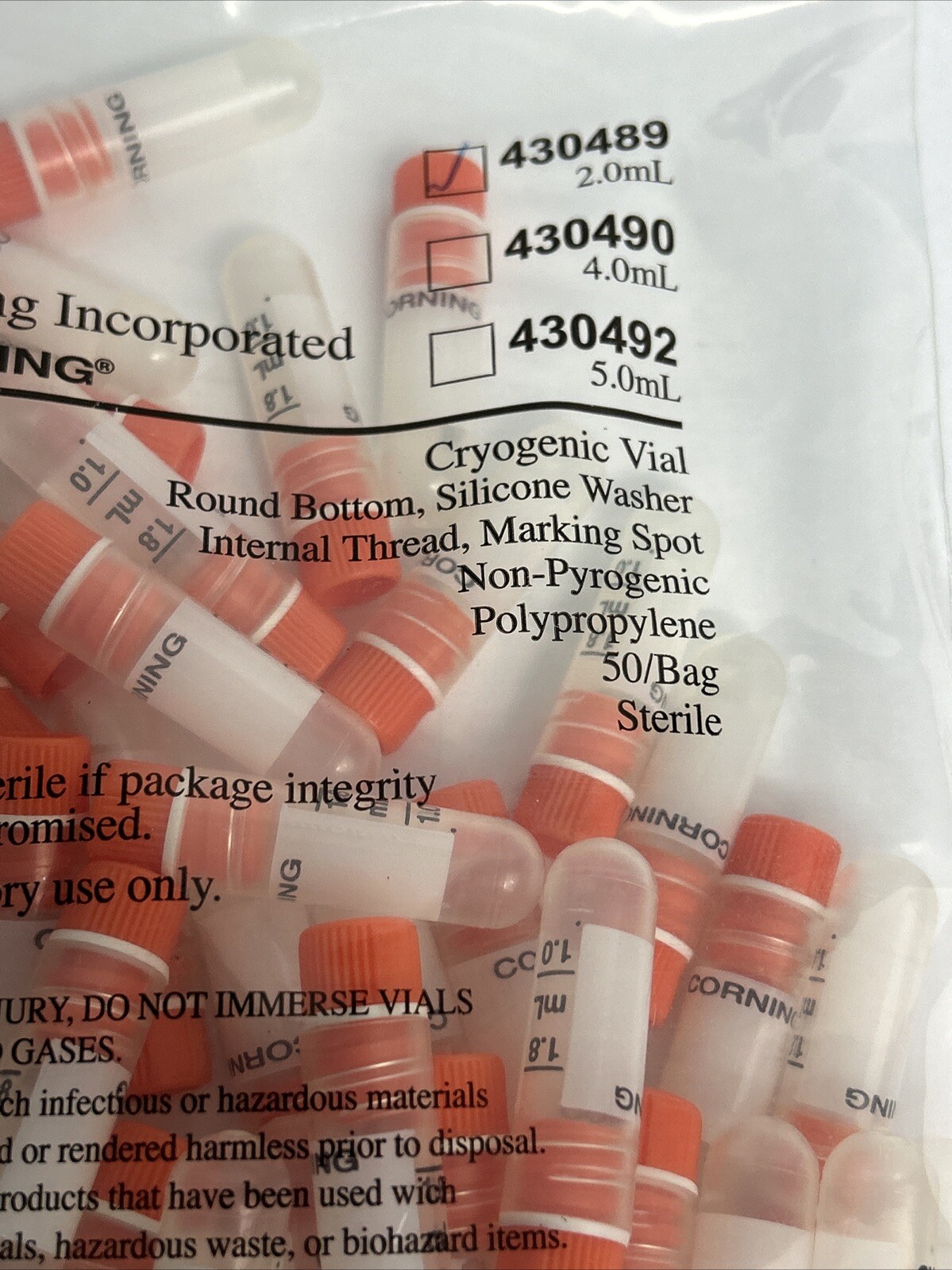 NEW 50/Pk Corning 430489 2mL Internal Threaded Polypropylene Cryogenic Vial