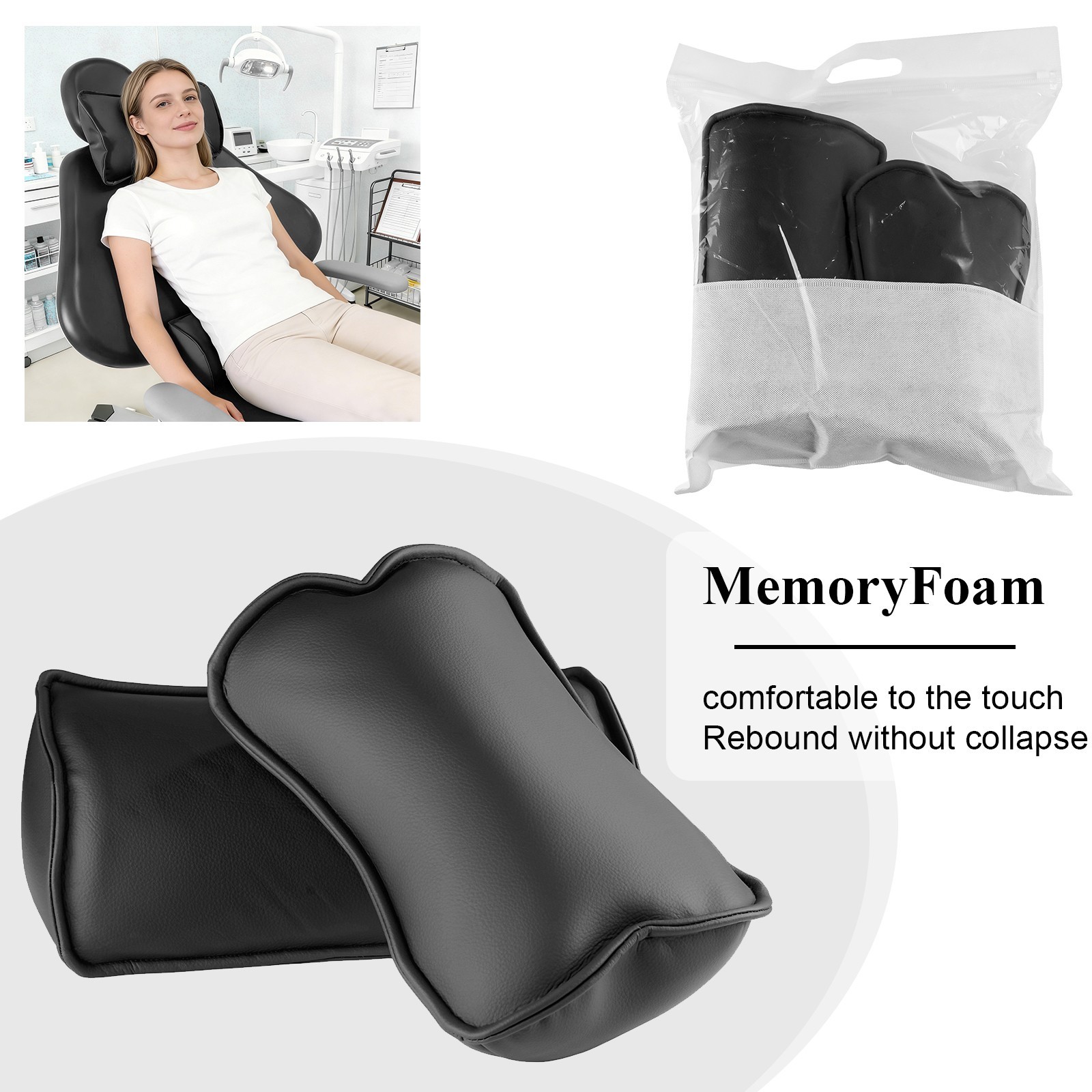 Dental Chair Neck Pillow Lumbar Cushion Set Memory Foam Microfiber Leather Black