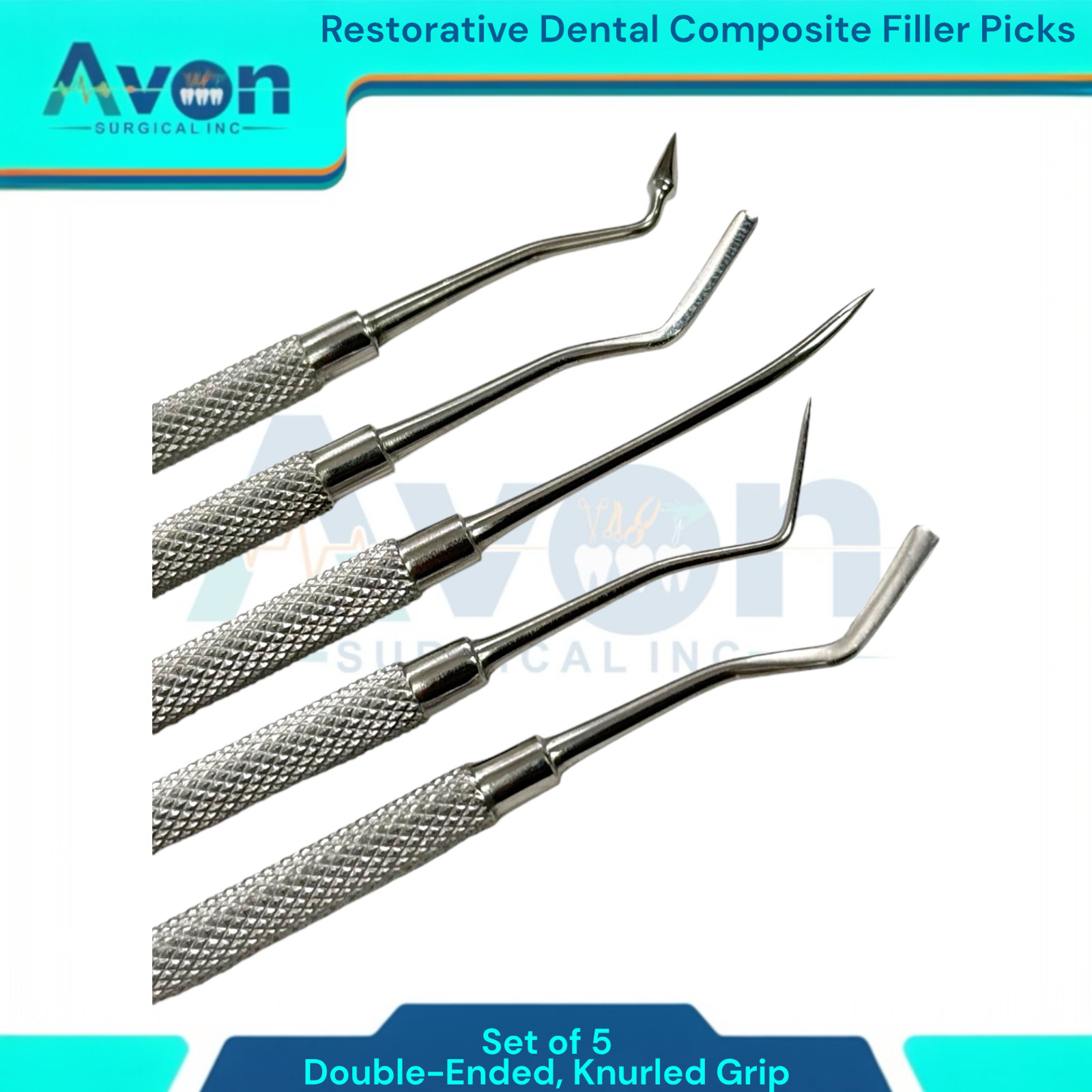 Knurled Grip, Double-Ended Dental Filling Carver Picks (5 Pack) German Stainless