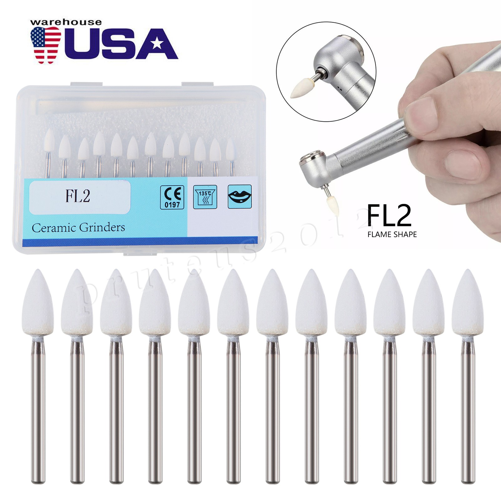 Dental Flame Mounted White Stone Polishing Burs FG Abrasion Point Burs USA