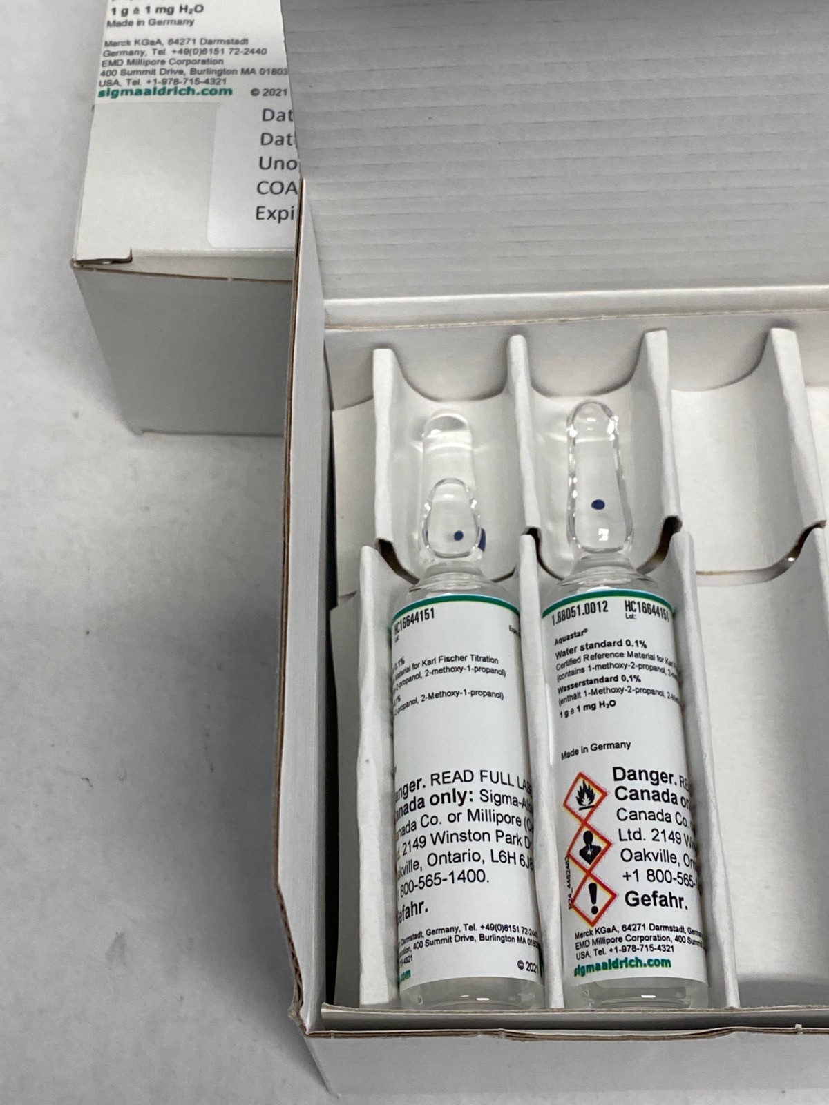 (37) SUPELCO Aquastar 8mL Water Standard 0.1% & 1.0% for Karl Fischer Titration