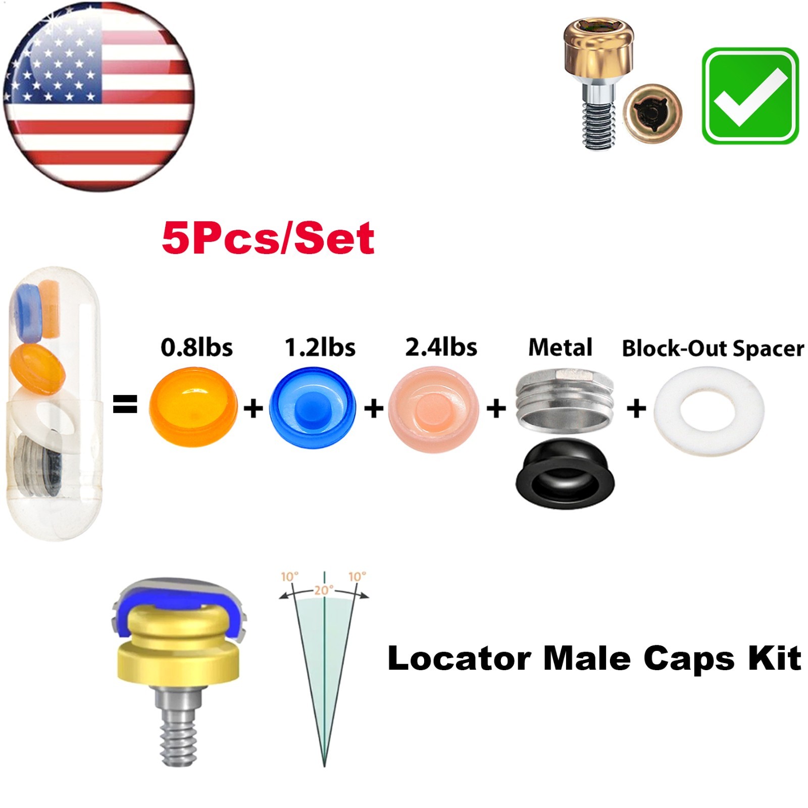 US 5Pcs Dental Overdenture Locator Abutments Retention Caps For Implant Inserts