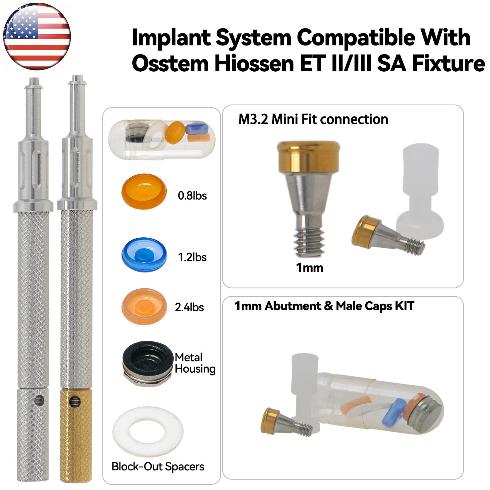 Implant Mini 1mm Abutment Locat0r Retention Cap Fits HIOSSEN ET III SA Fixture
