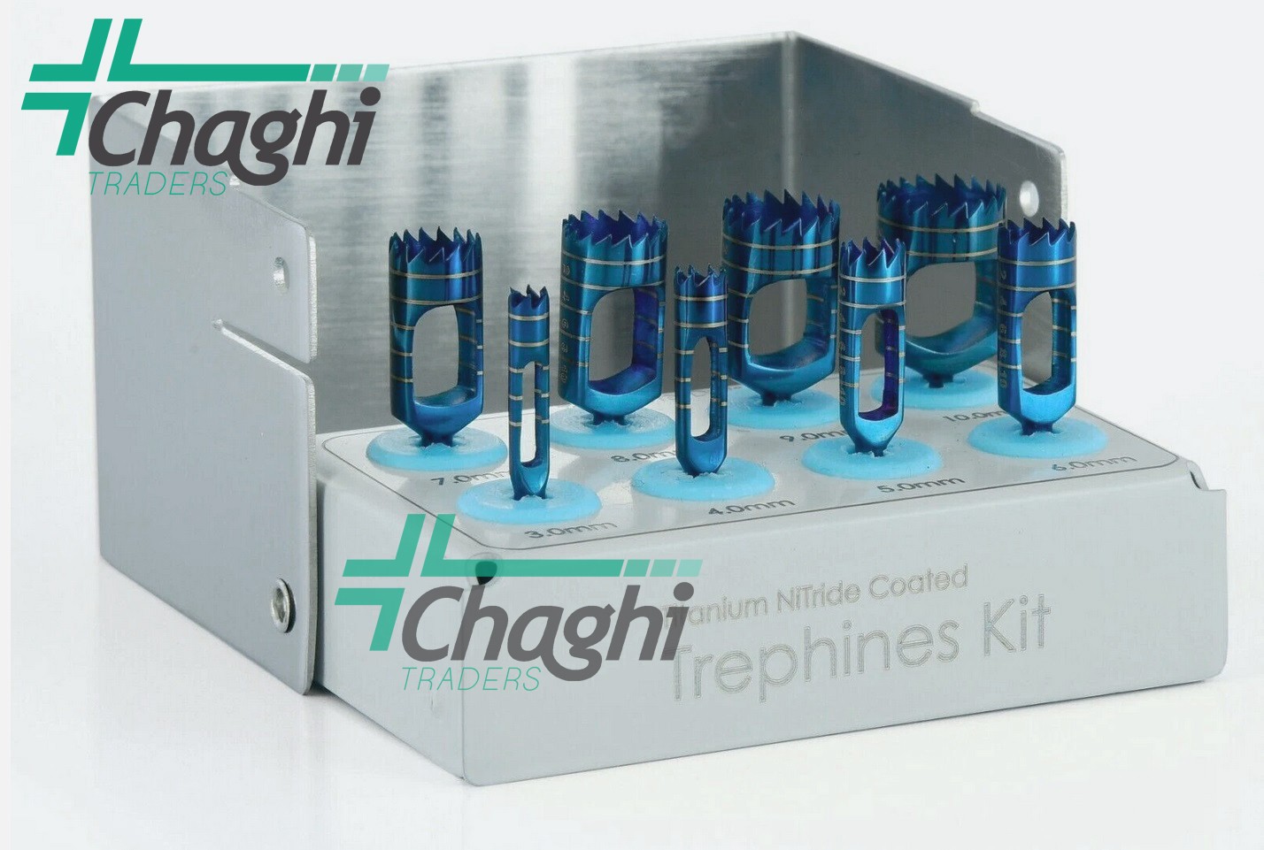 Trephine Kit 8 PCs Blue Titanium Coated & Bur Holder Dental By Chaghi Traders