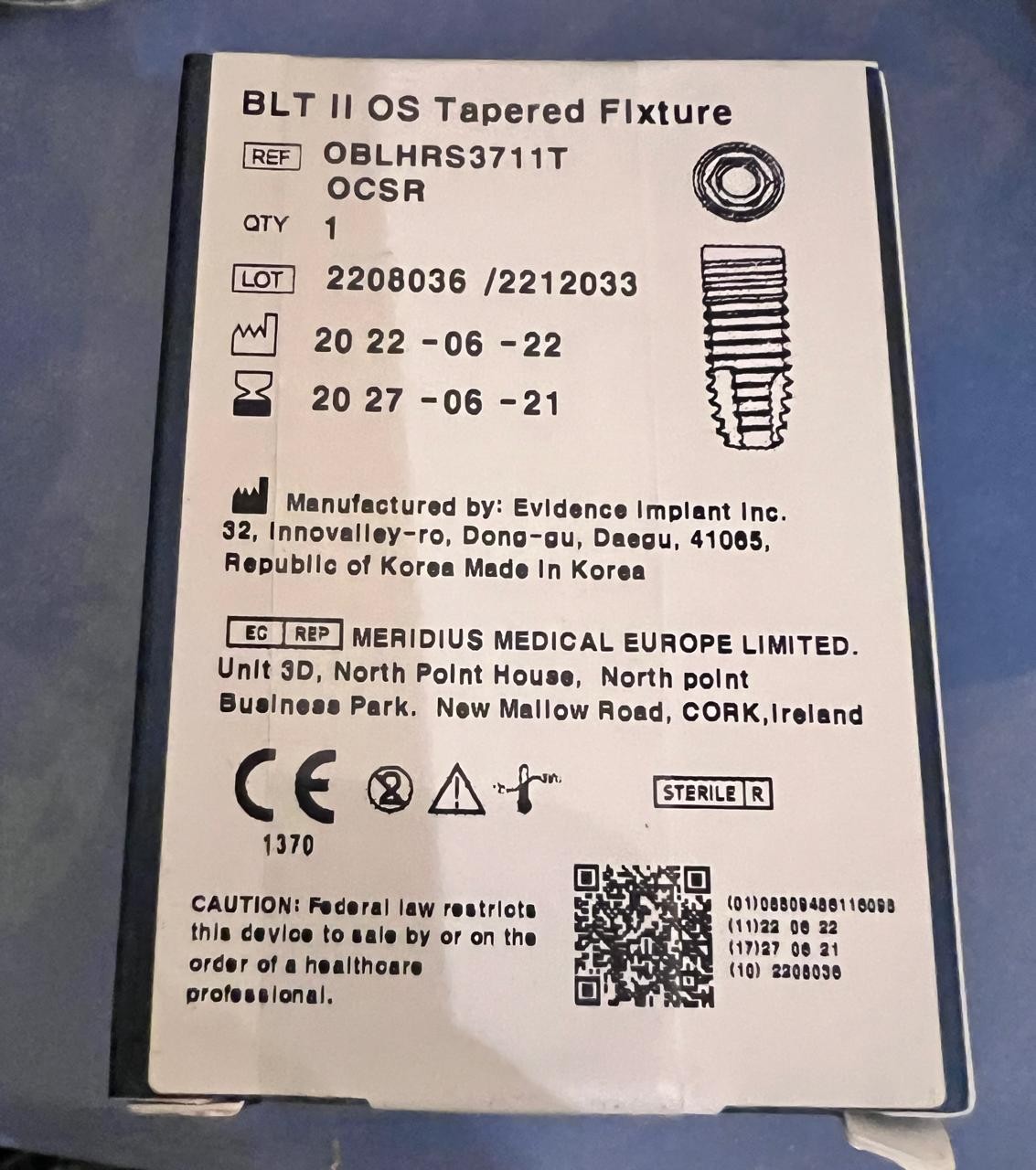 BLT II OS Tapered Fixture HEX Evidence Implant 3.7mm