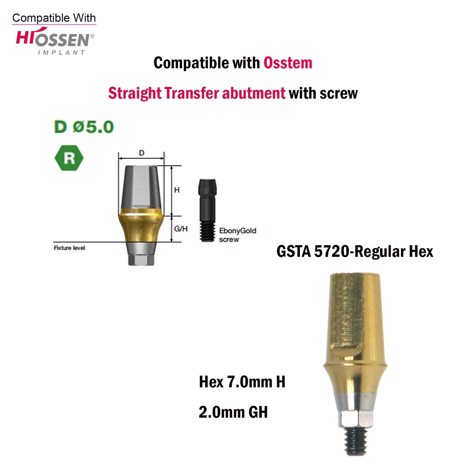 US Regular Straight Transfer Abutment Ø5.0 For Osstem Hiossen Hex 7.0mm Implants