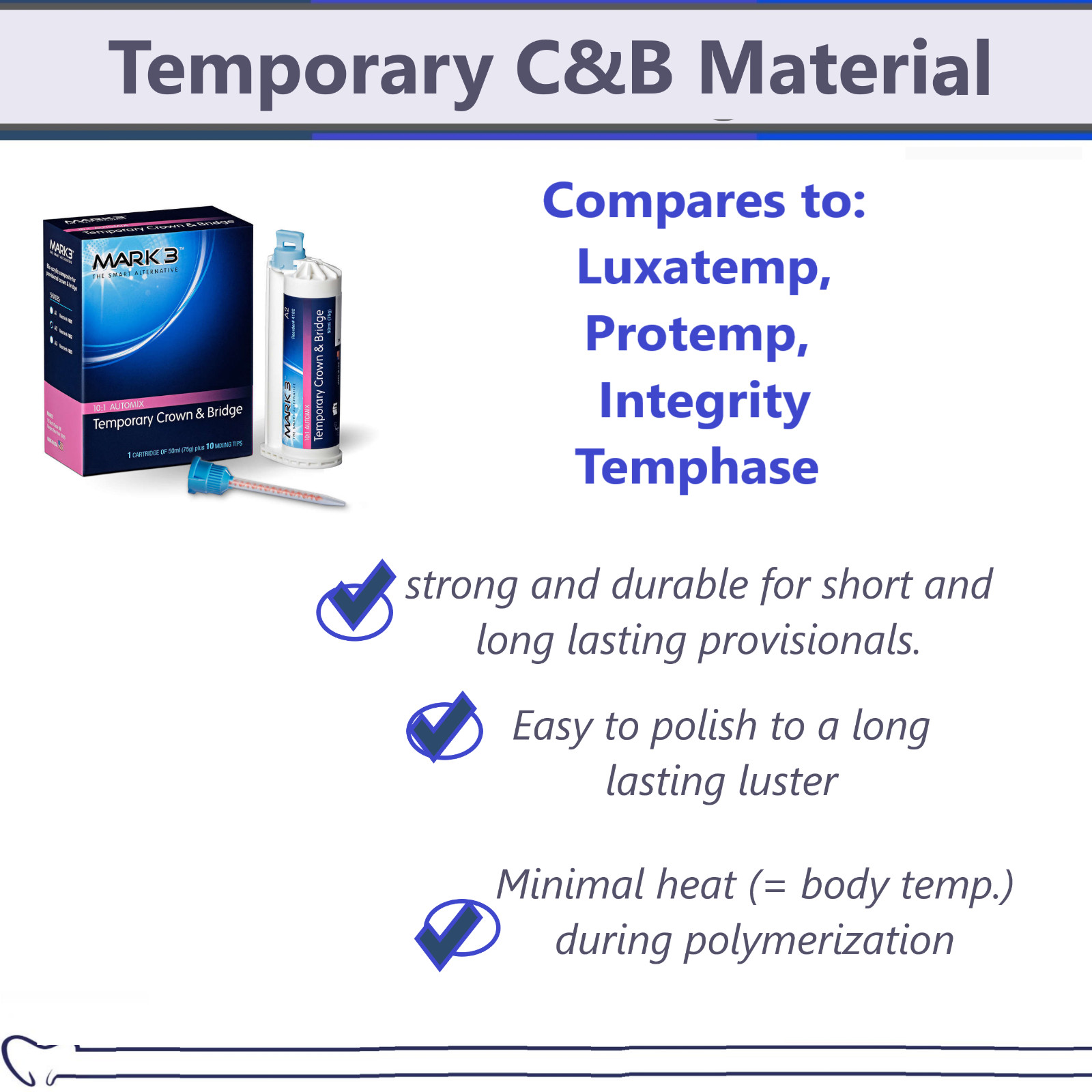 Dental Temporary Crown and Bridge Material, 50ml & 10 tips, Shade A2, A1, A3, B1