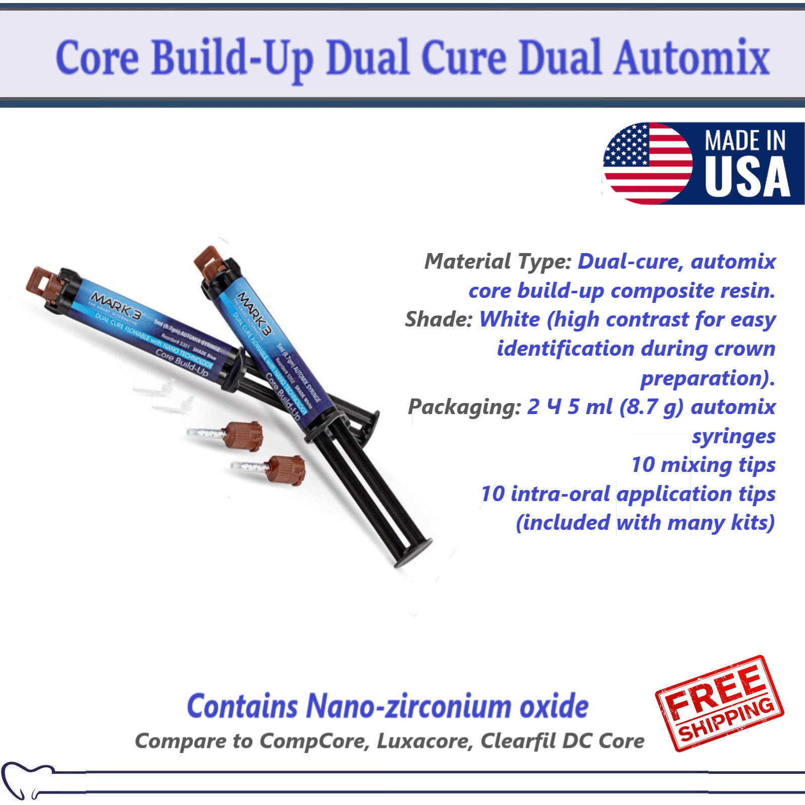 Dental Core Build-Up Material Dual Cure Automix Syr 1-2/pk Shade: A3, White,Blue
