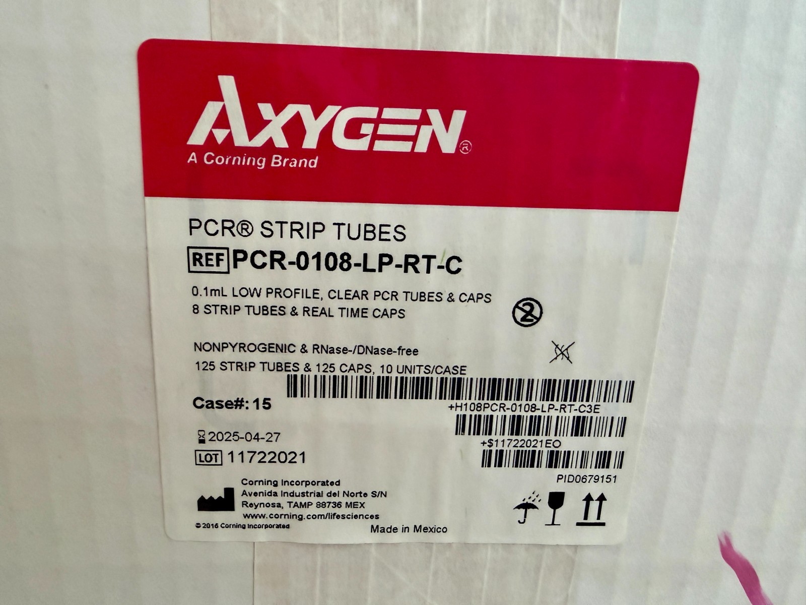 AXYGEN PCR-0108-LP-RT-C Strip Tubes 0.1mL 8-well strip Optical Caps Case 10 Boxe