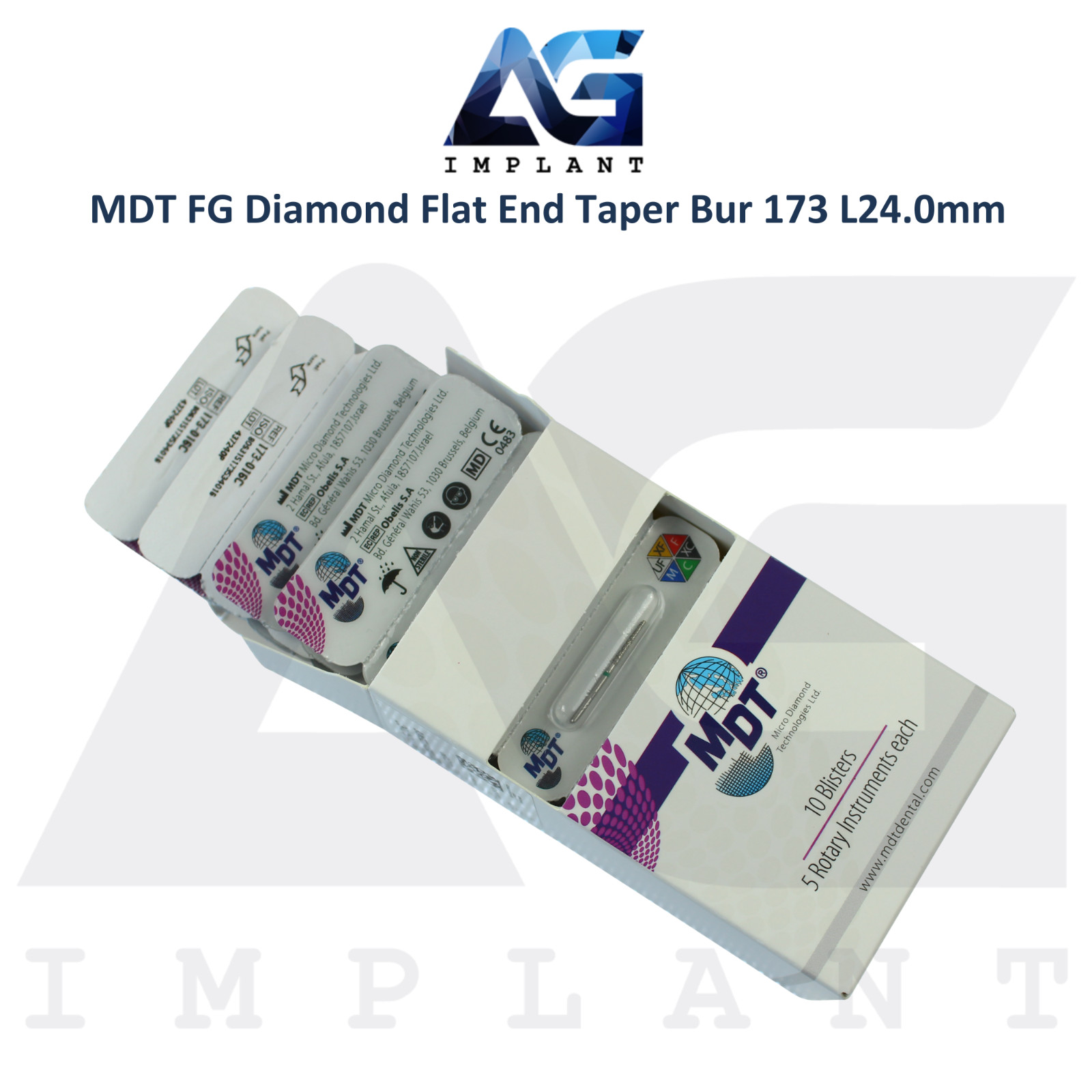 MDT Dental FG Diamond Coated Flat End Taper Burs 173 L24.0mm Surface Shaping