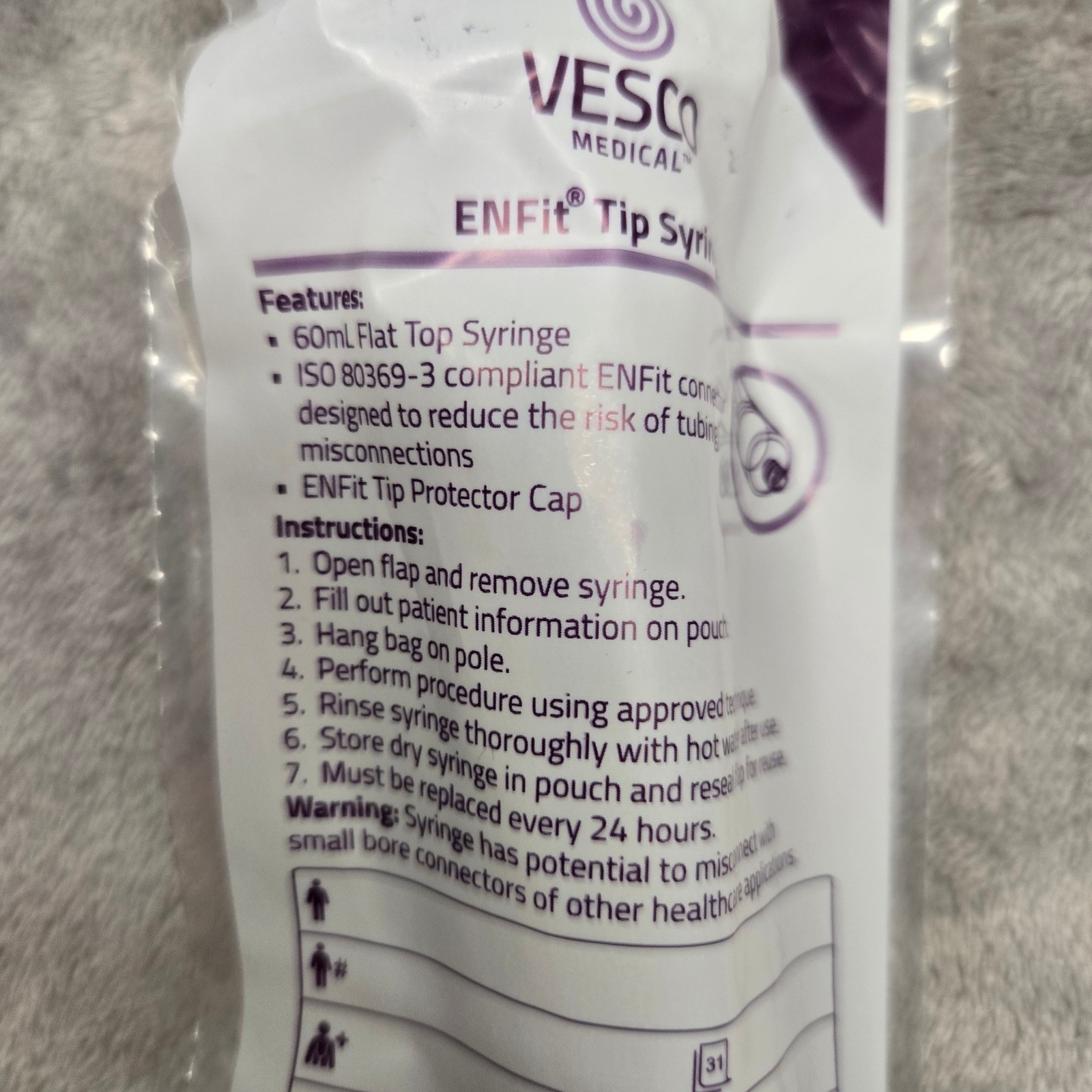 Vesco Medical ENFit Tip Syringe 60mL Flat Top Enteral Feeding VED-660 Purple