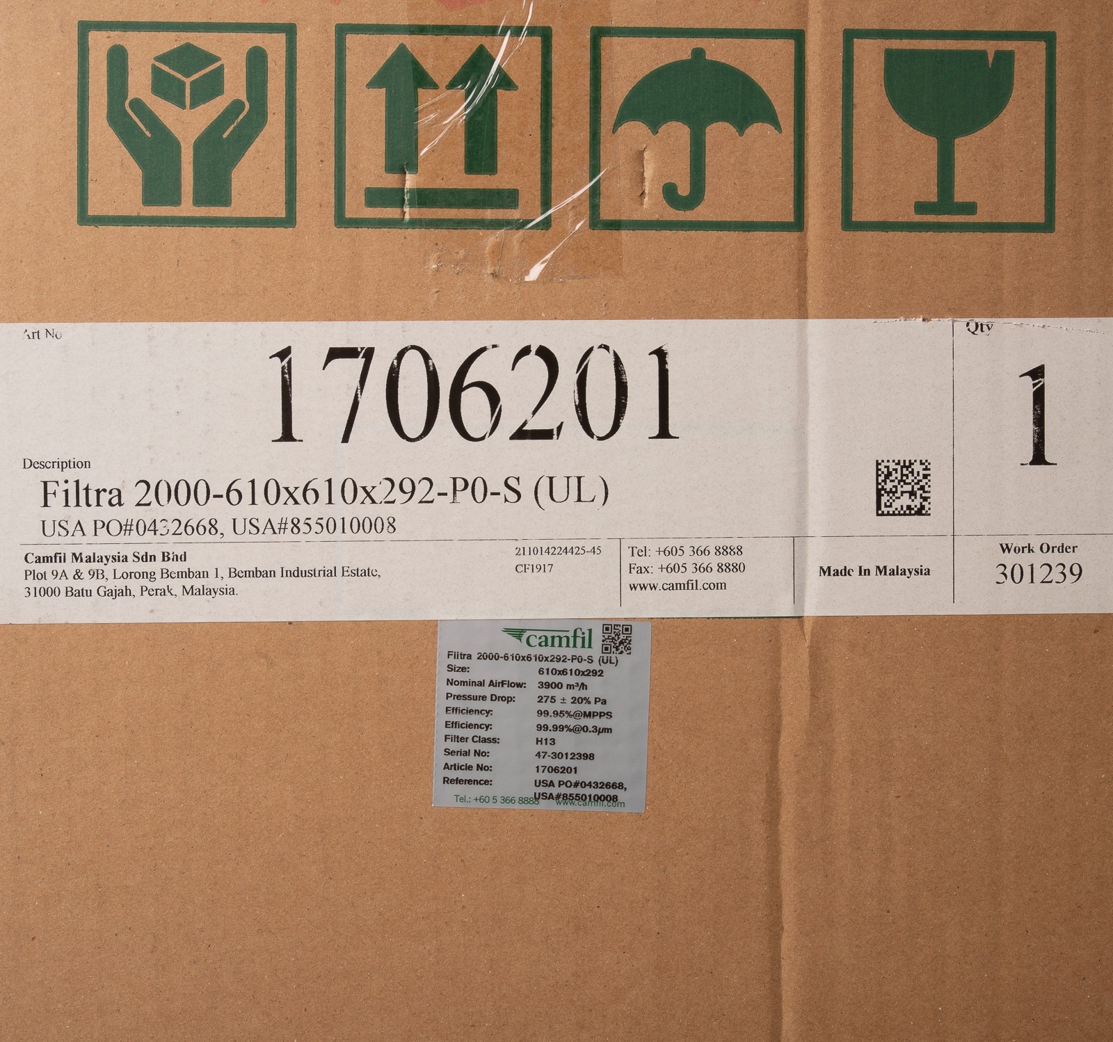 Camfil Filtra 2000 H13 HEPA Filter 1706201 610 x 610 x 292 New