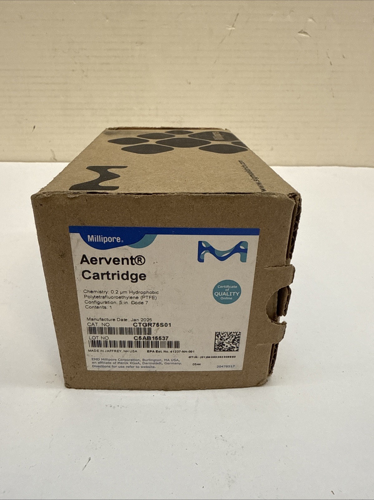 Millipore CTGR75S01 Aervent CTGR Cartridge Filter 5 in. 0.2 µm Code 7 PTFE