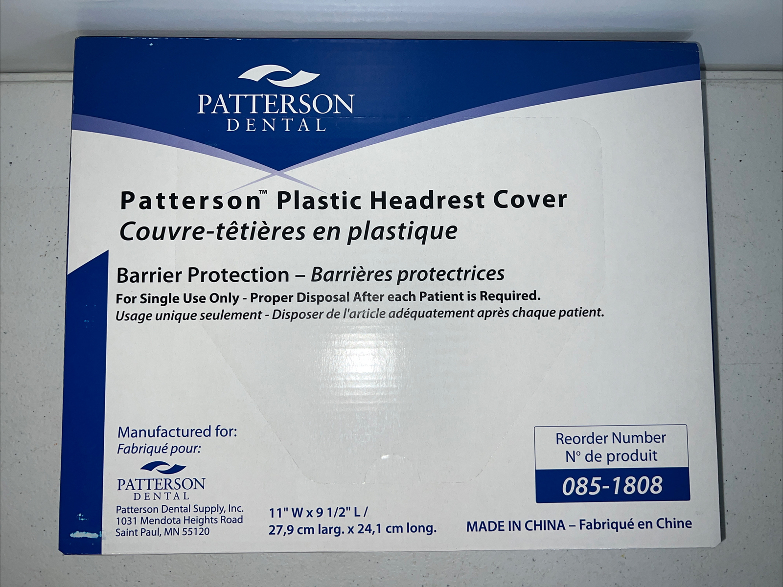 Box/250 Patterson Dental Plastic Headrest Cover 11″ W x 9 1/2″ L Item# 085-1808