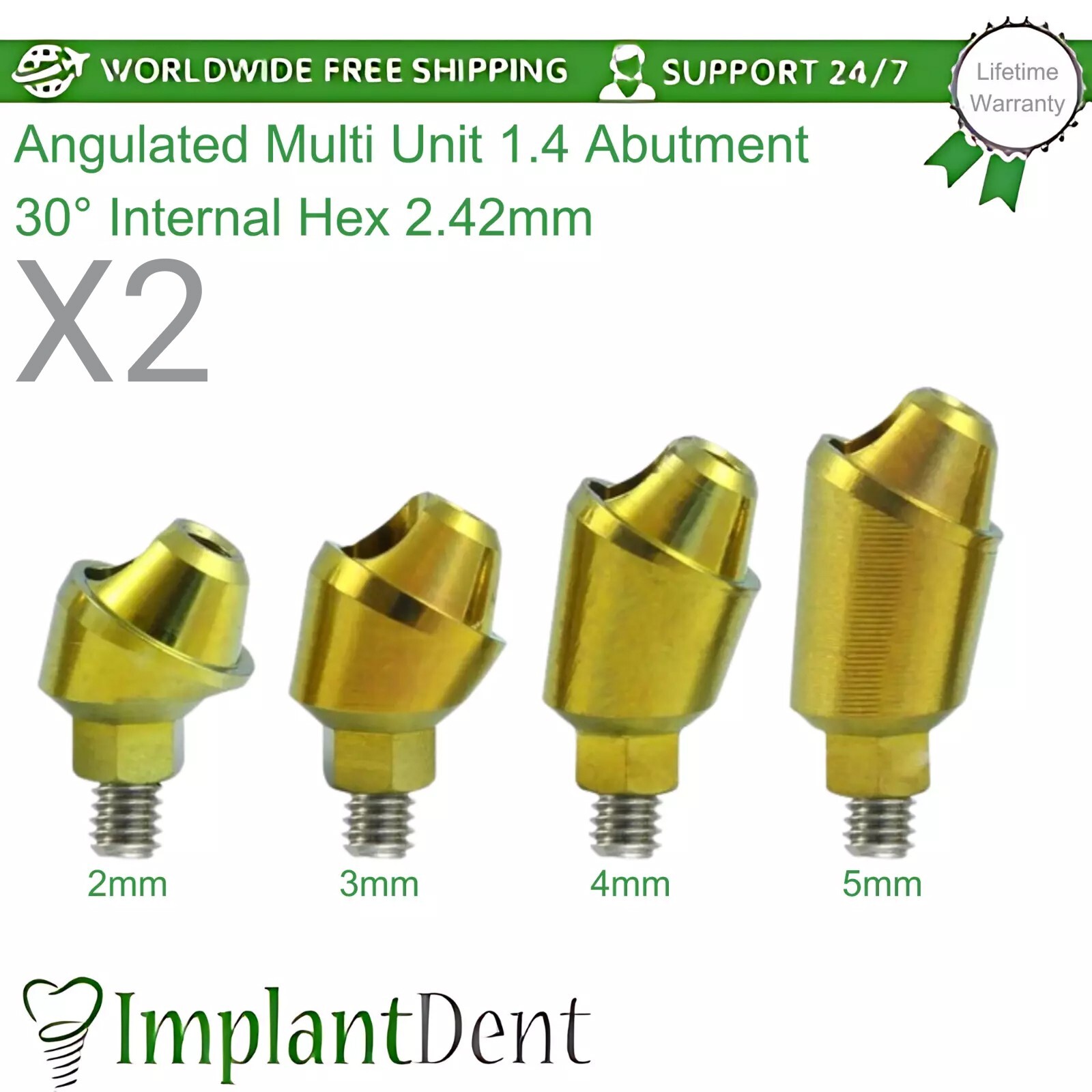 2x Dental Angulated Multi Unit 1.4mm Titanium Prosthetics 30° Int Hex 2.42mm